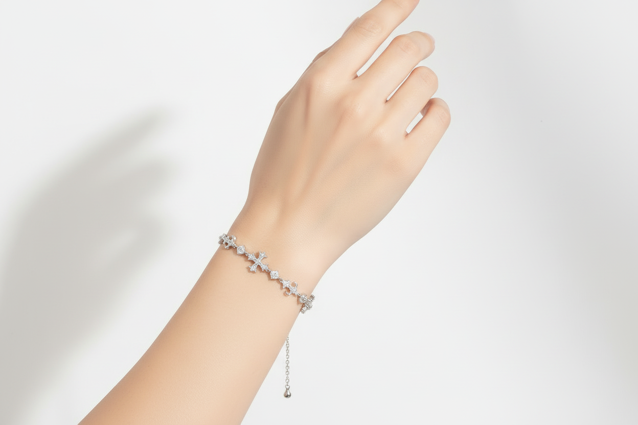 Sterling Silver Cross with Fleur de Lis Bracelet – VVS Moissanite 1 CTW