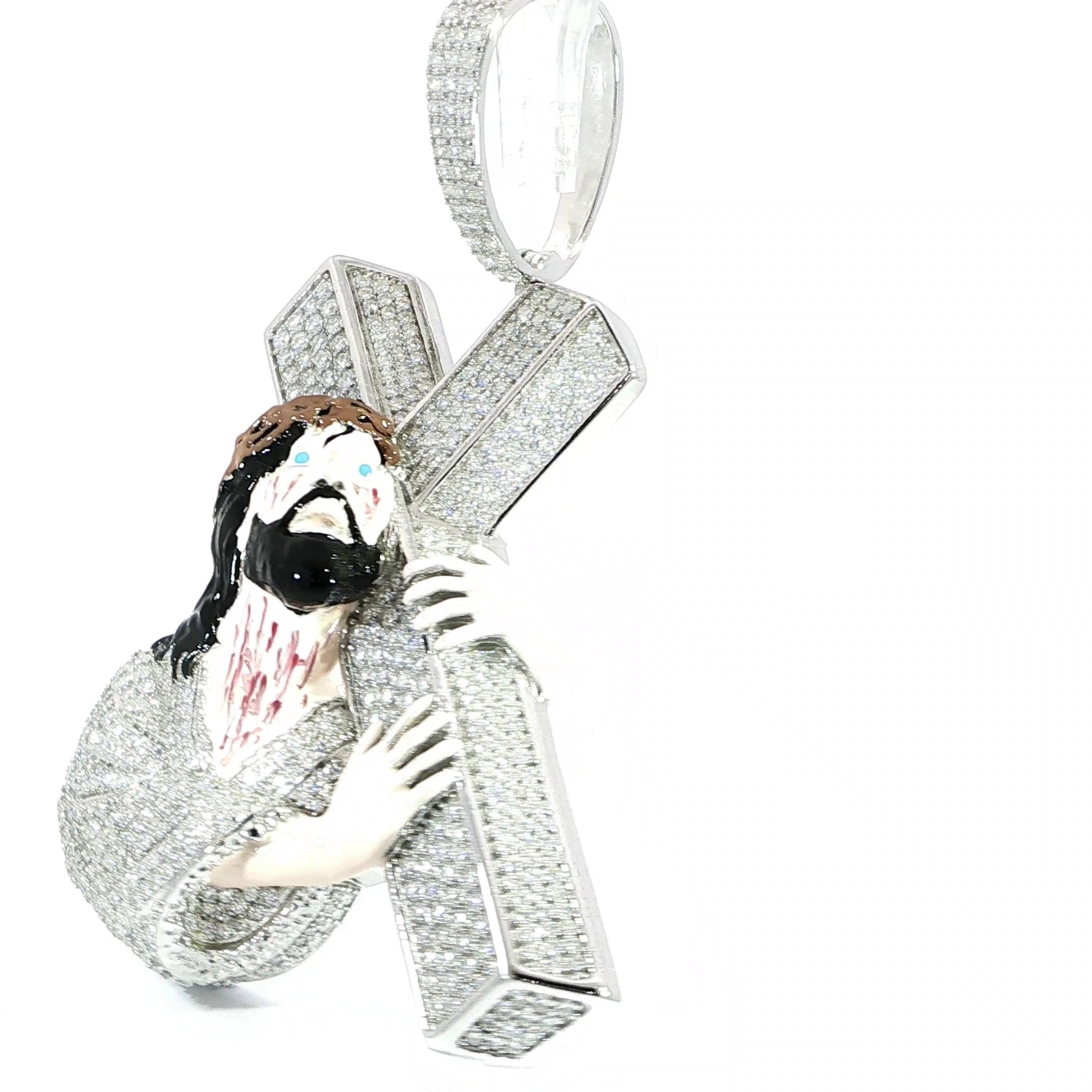 Sterling Silver Jesus Carrying Cross Moissanite Pendant – 9.91ctw