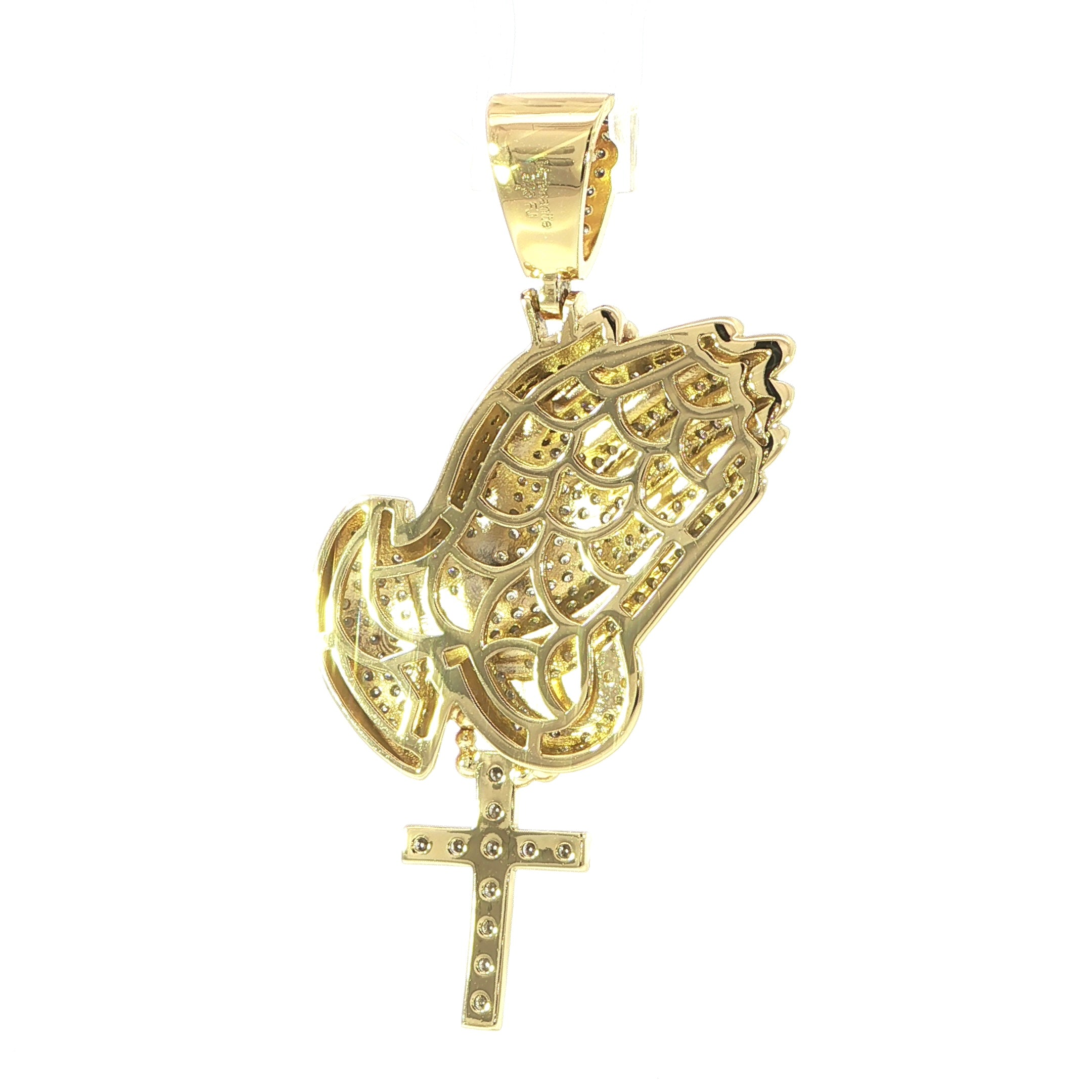 Sterling Silver Iced Praying Hands With Rosary Pendant – VVS Moissanite 3.4 CTW