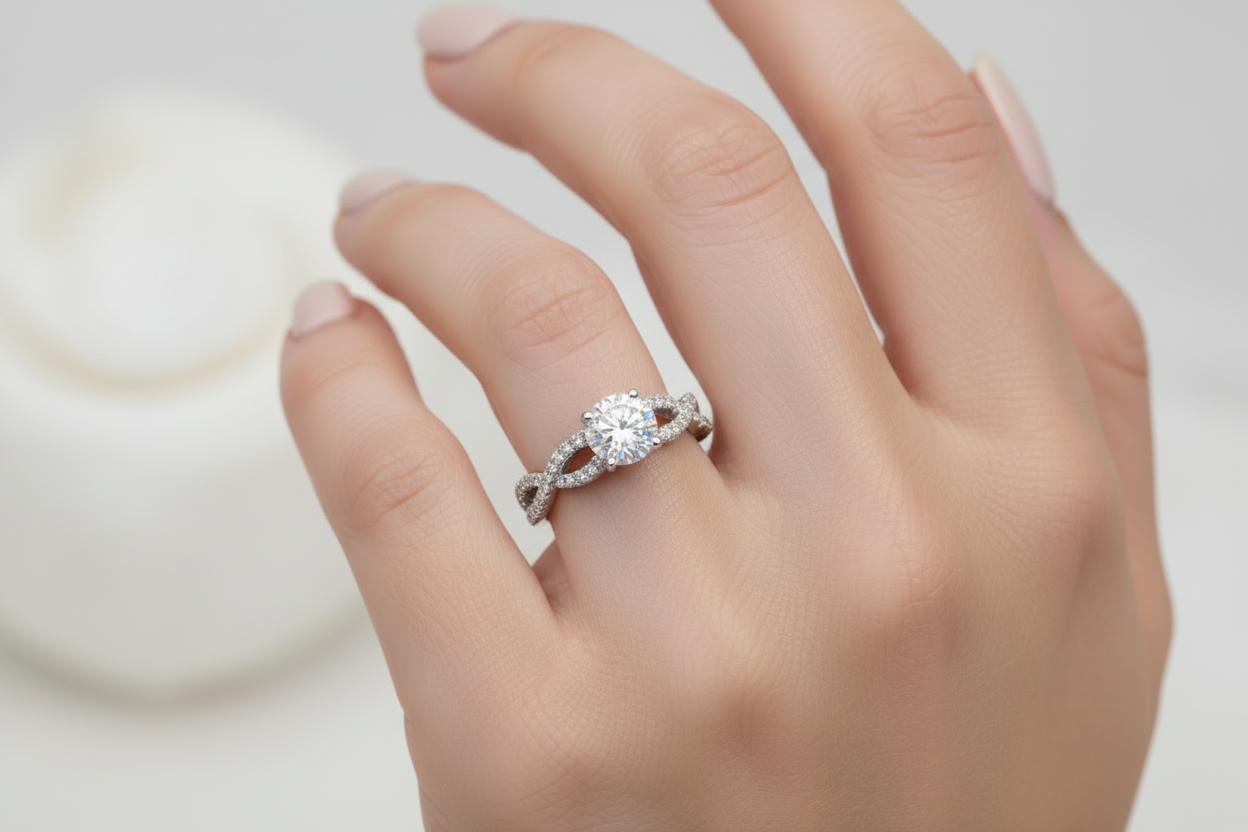 Sterling Silver Round with Infinity Twist Band Ring – VVS Moissanite 2 CT