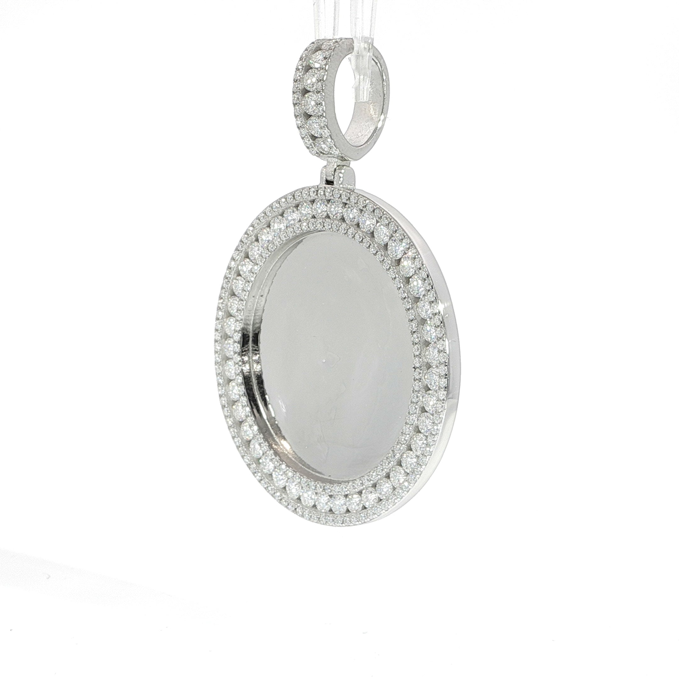Custom photo pendant in sterling silver with fully iced moissanite border