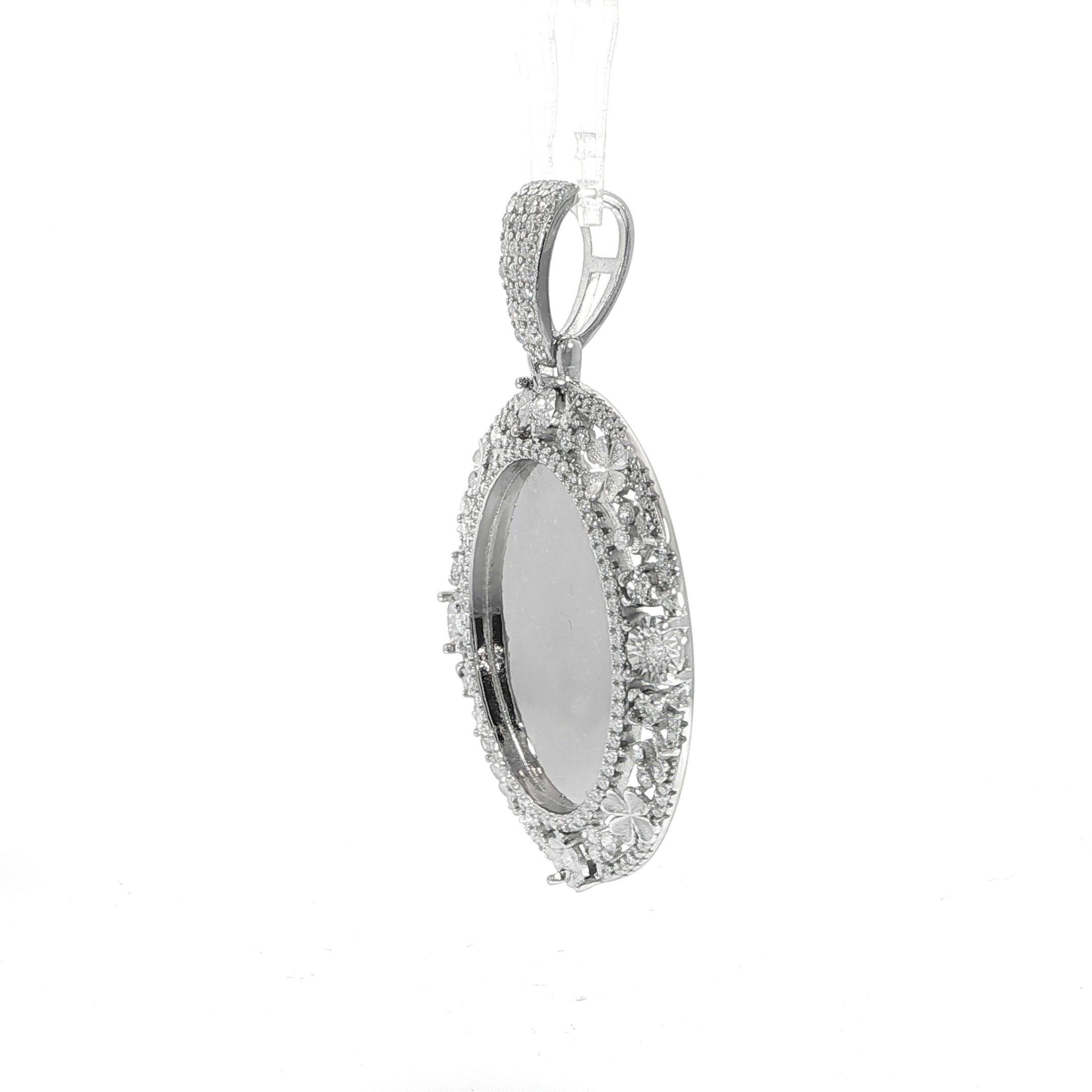 Silver moissanite pendant with floral accents side profile