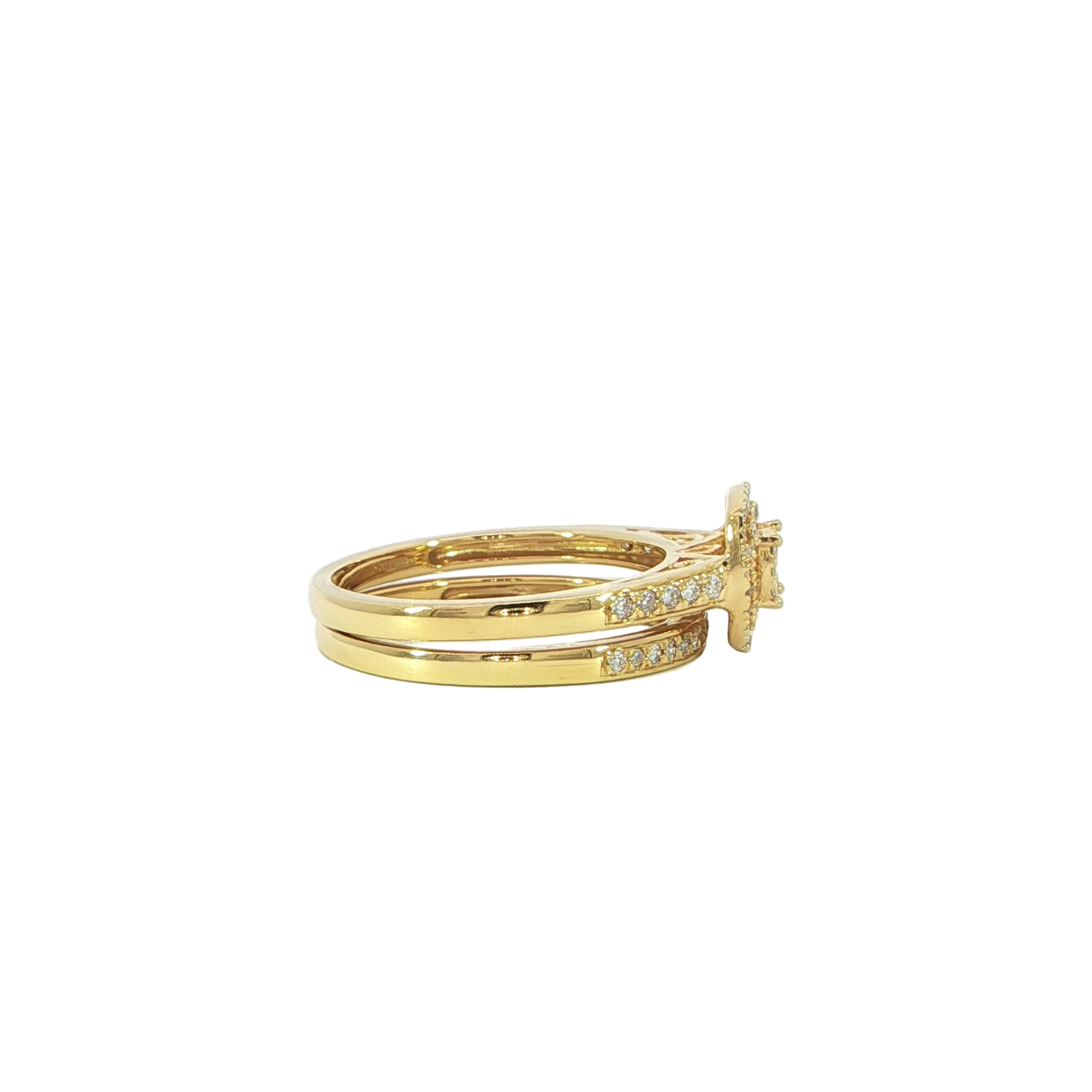 Side detail double halo diamond ring yellow gold