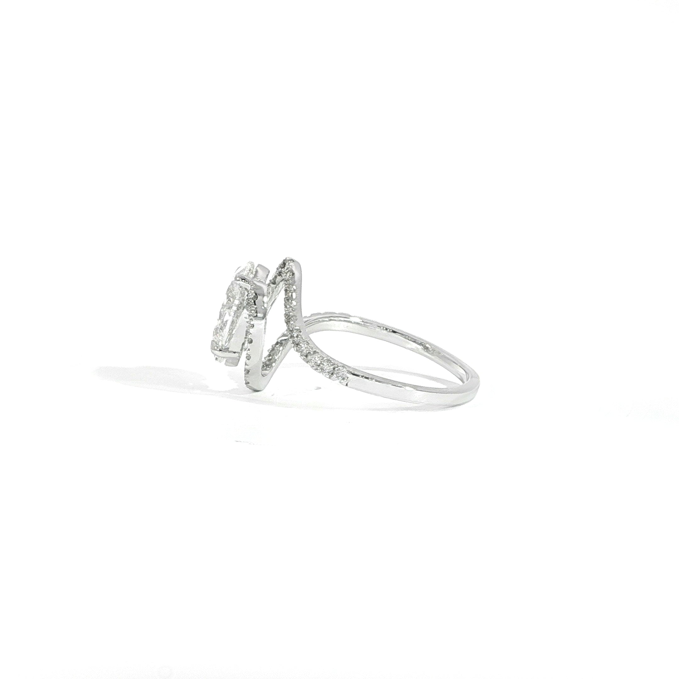 Modern oval engagement ring with bypass band side view
