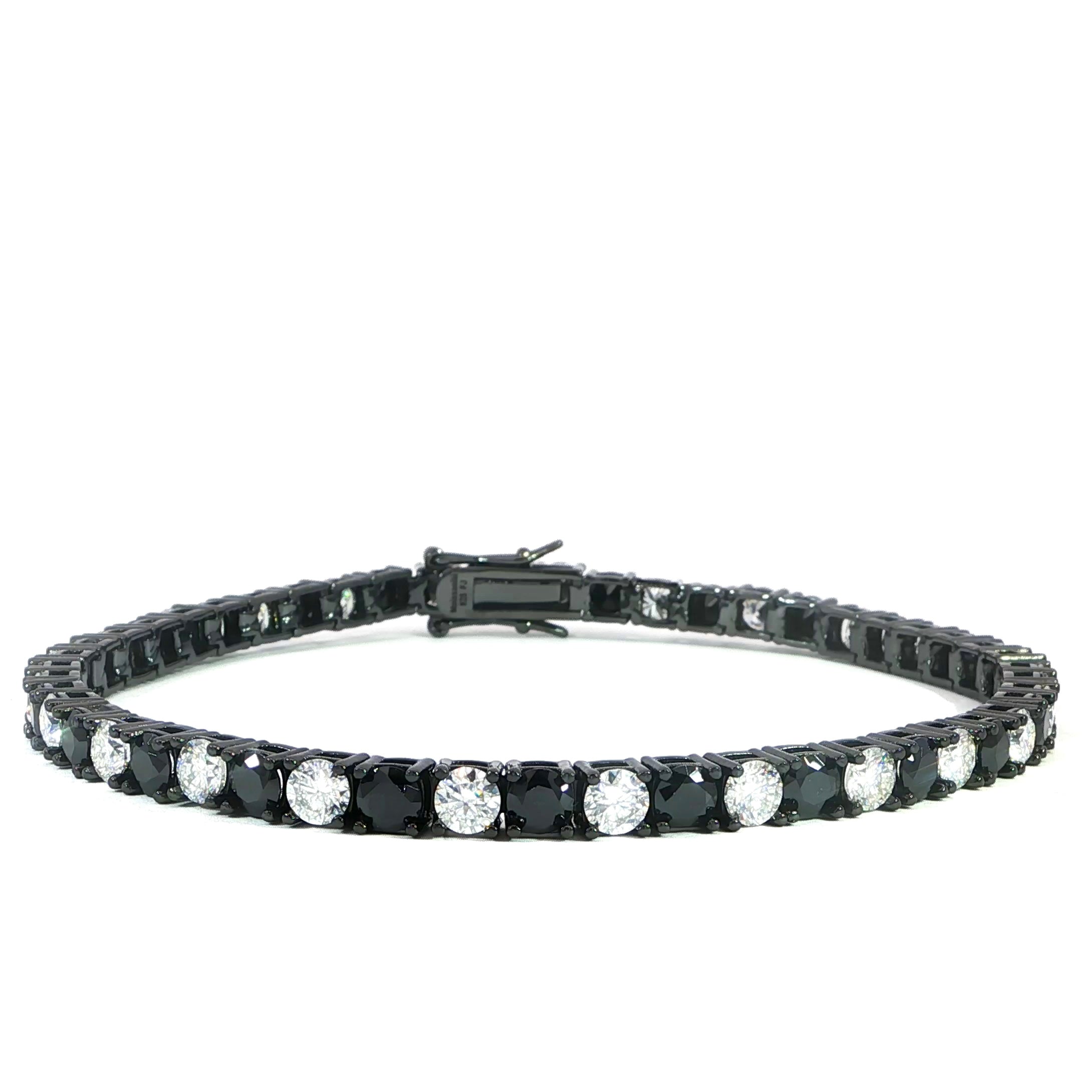 Luxury tennis bracelet with round VVS moissanite stones in sterling silver.