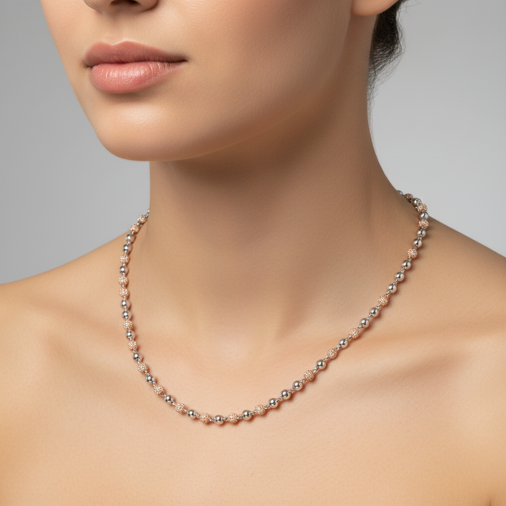 Sterling Silver Solid Ball Chain Necklace with VVS-D Moissanite Stones, Two-Tone Options