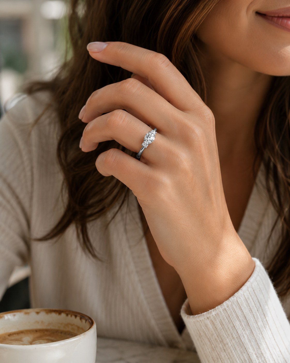 14K white gold three-stone diamond engagement ring hand model