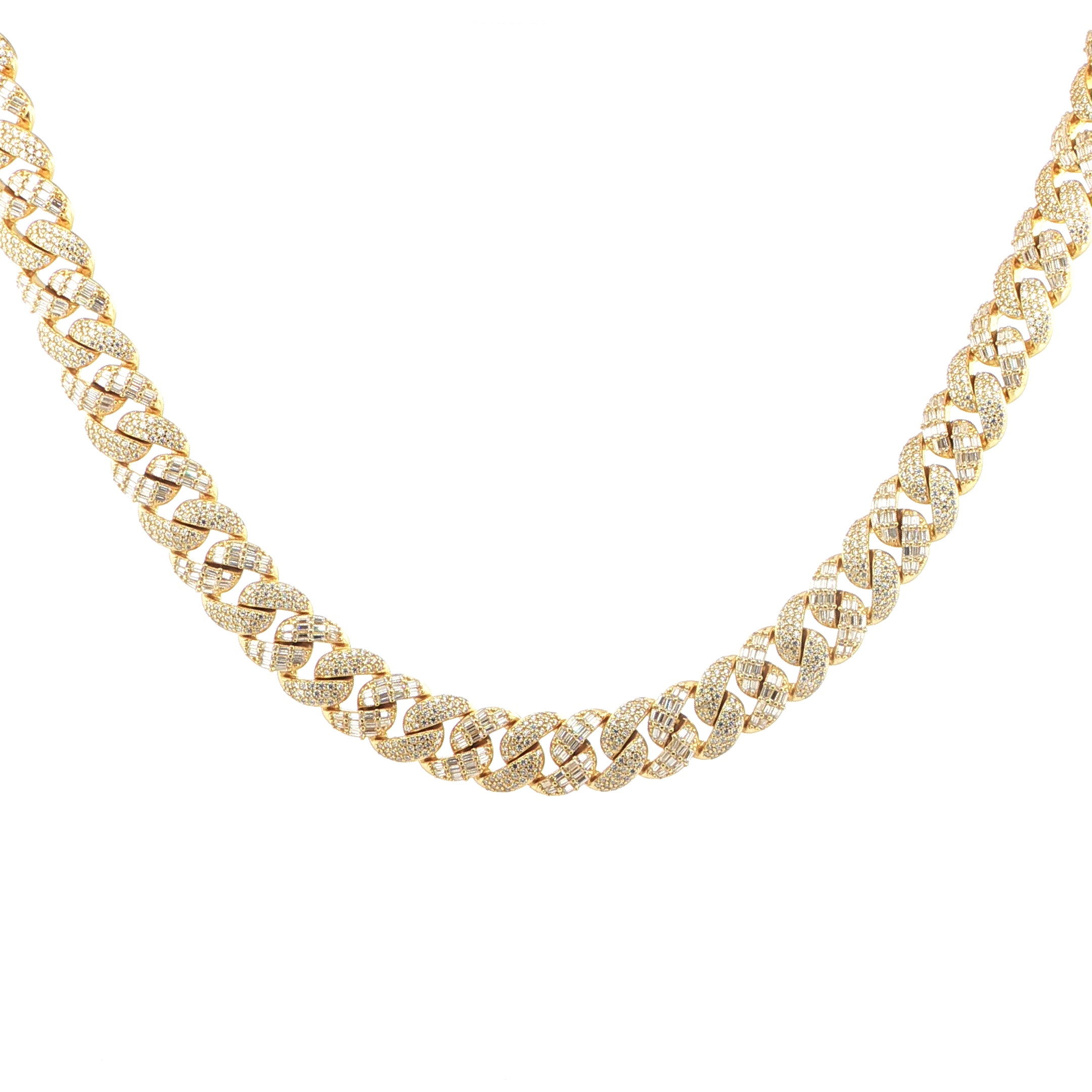 Sterling Silver Solid Miami Cuban Chain Necklace, 12mm, VVS Moissanite Stones, 30.97 Total Carats