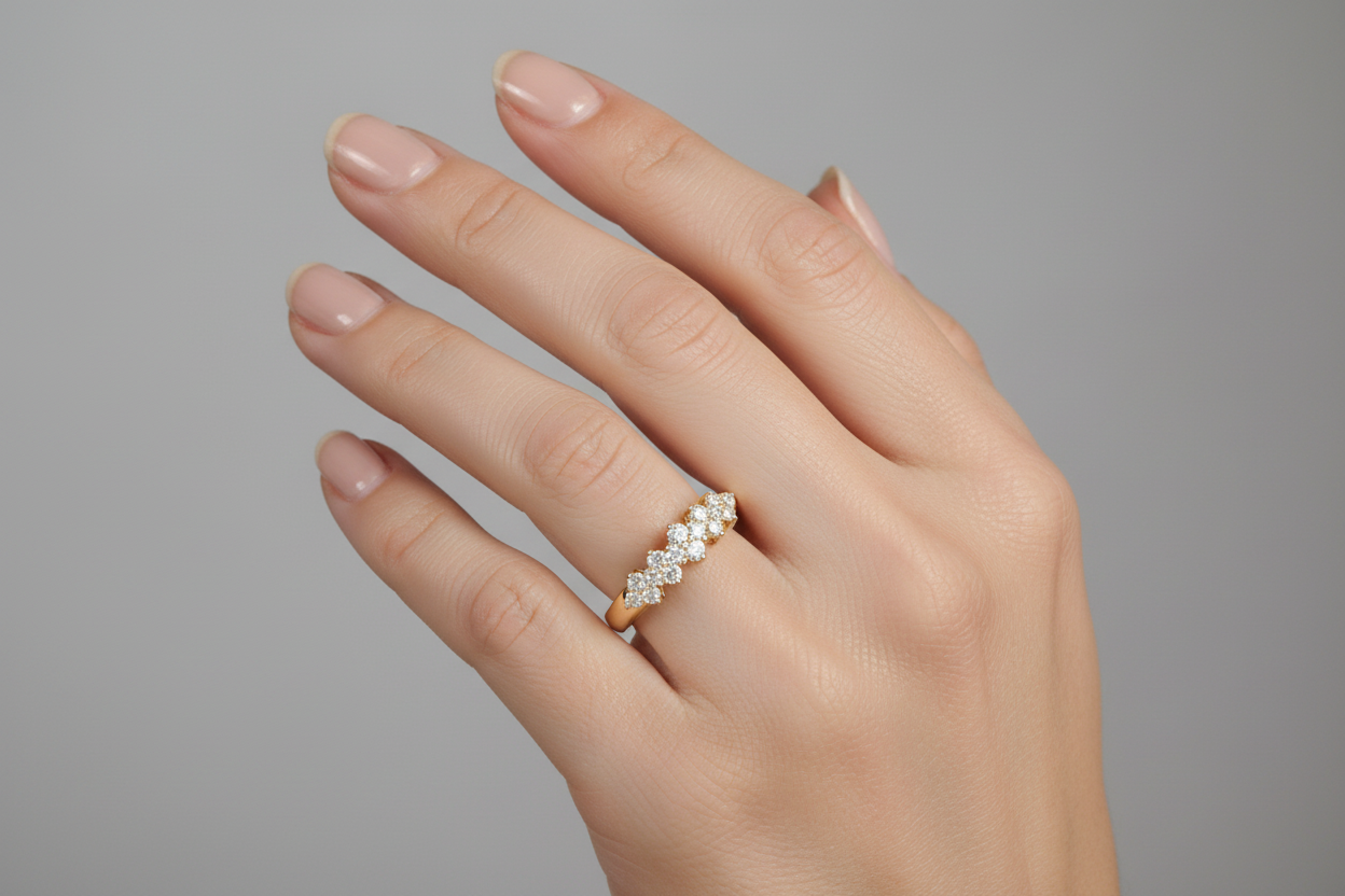 14K gold round diamond fashion band hand model