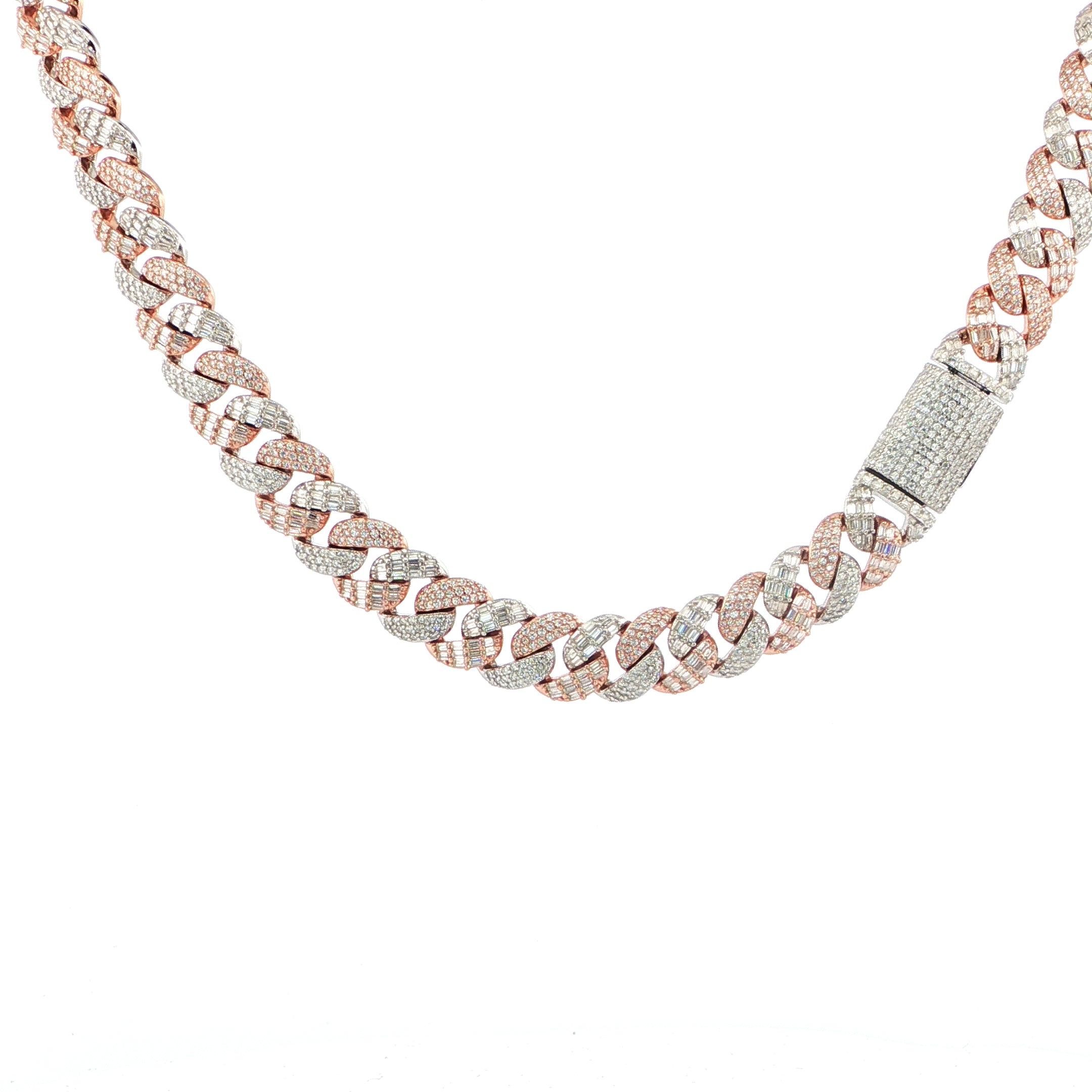 Sterling Silver Solid Miami Cuban Chain Necklace, 12mm, VVS Moissanite Stones, 30.97 Total Carats