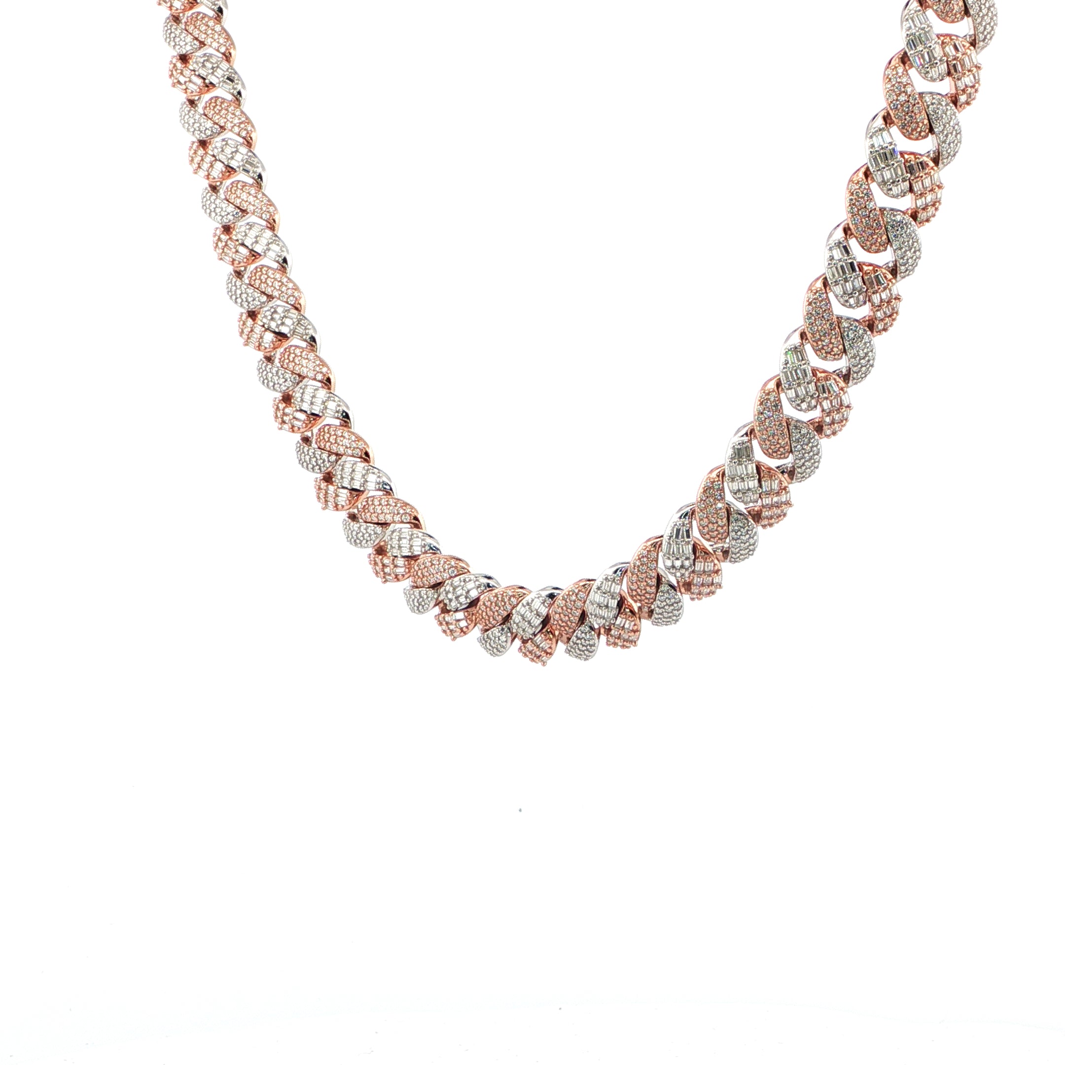 Sterling Silver Solid Miami Cuban Chain Necklace, 12mm, VVS Moissanite Stones, 30.97 Total Carats