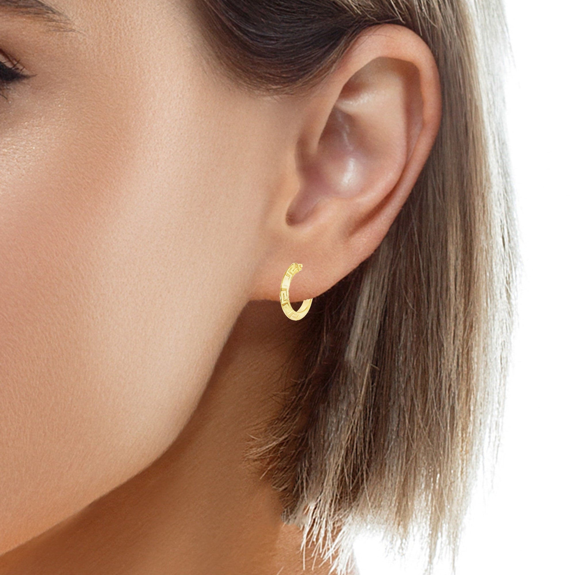 10K Gold Greek Key Hoop Earrings - 12MM