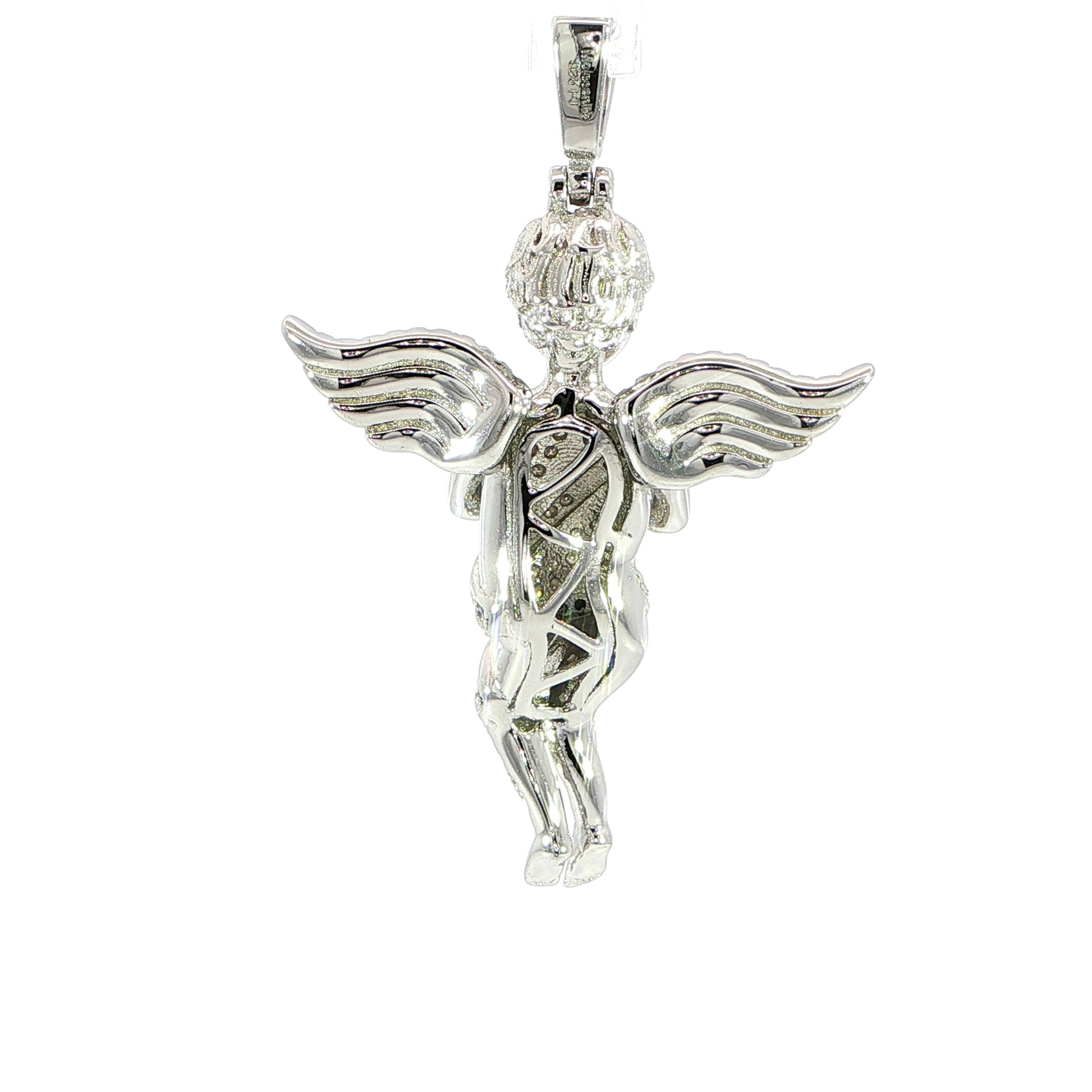 Sterling silver praying angel pendant with moissanite accents