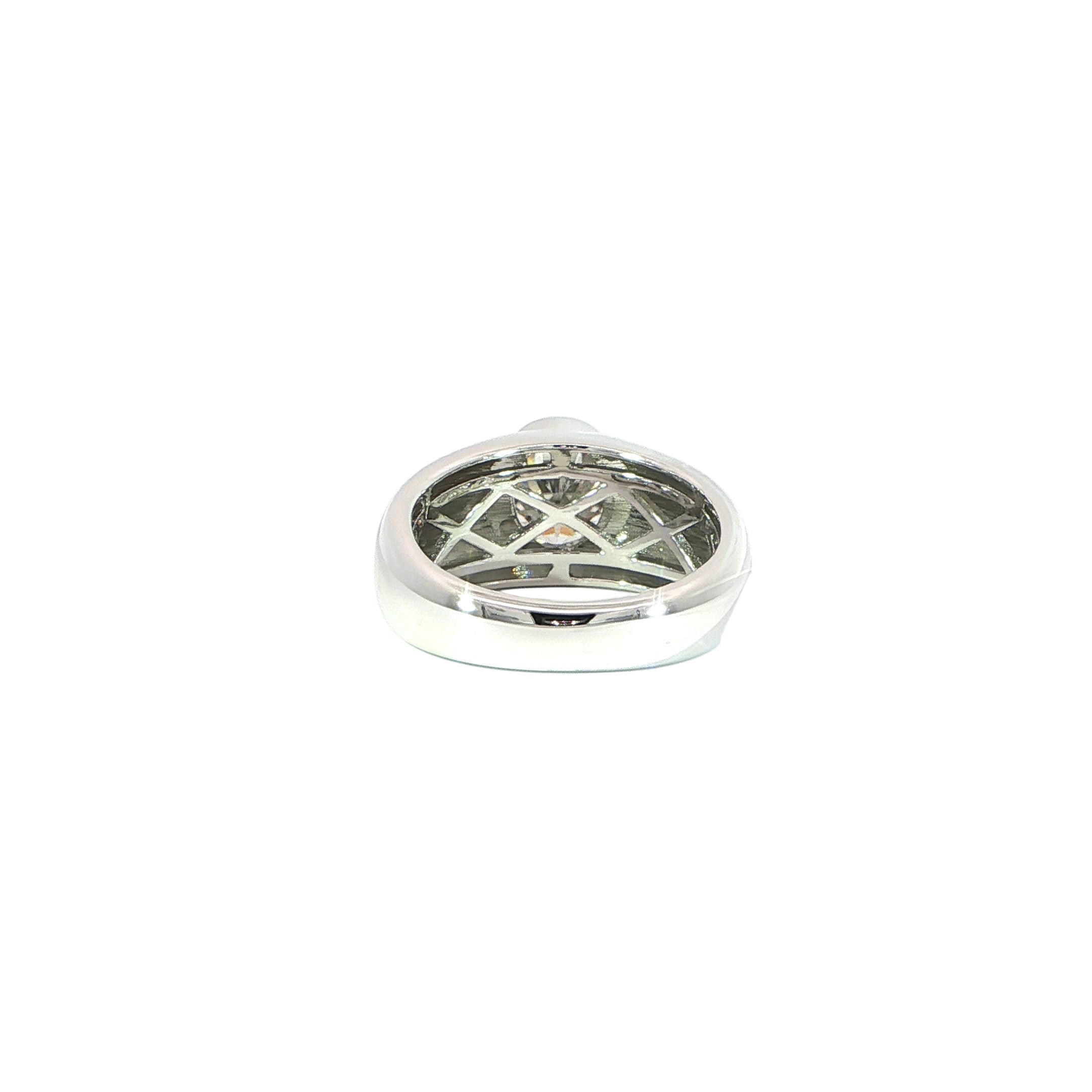 Back sterling silver bezel set ring with oval VVS moissanite