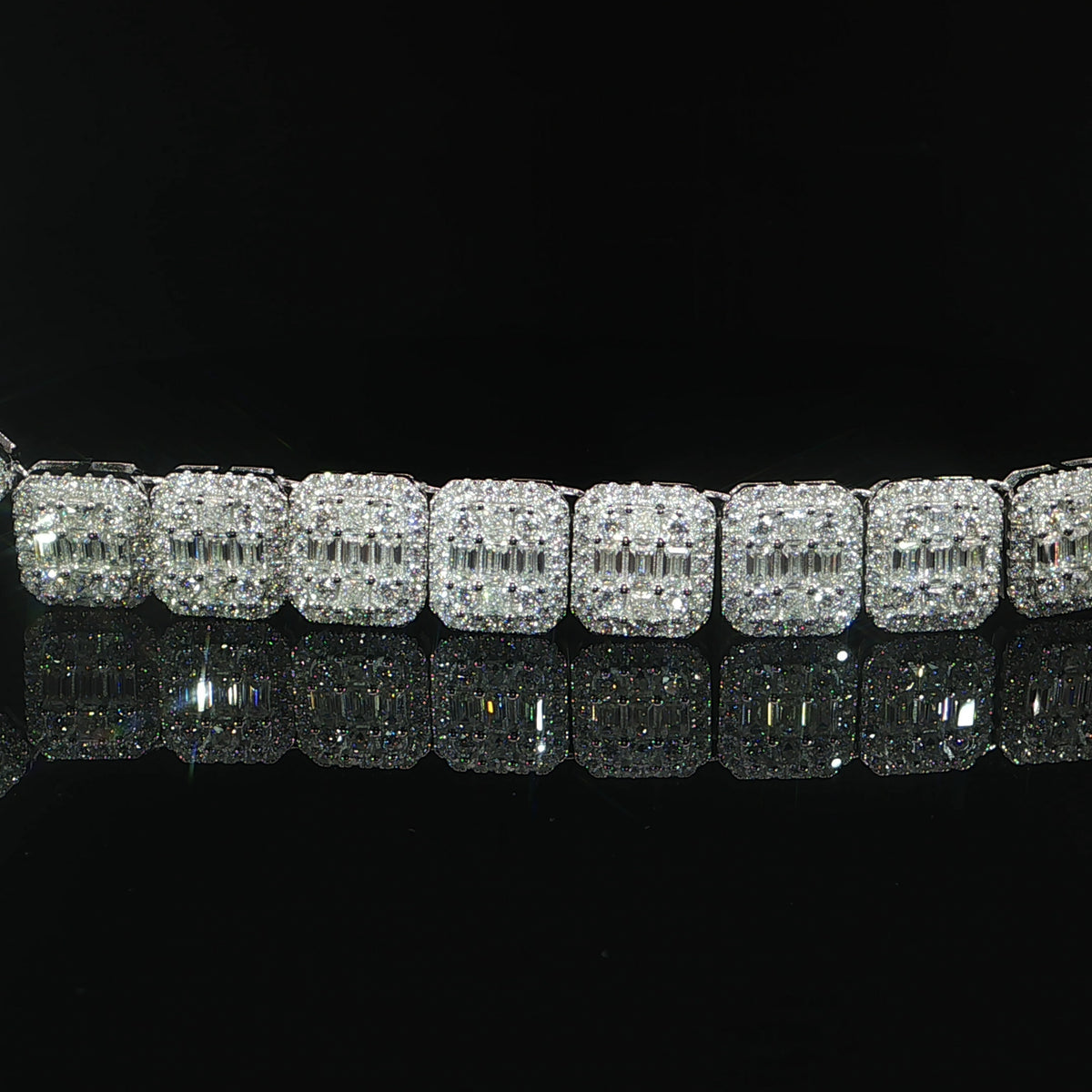 Close-up of baguette moissanite arranged inside a cushion-shaped cluster