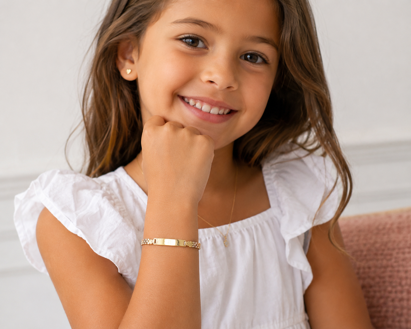 Engravable 14K gold children's ID bracelet with heart accents