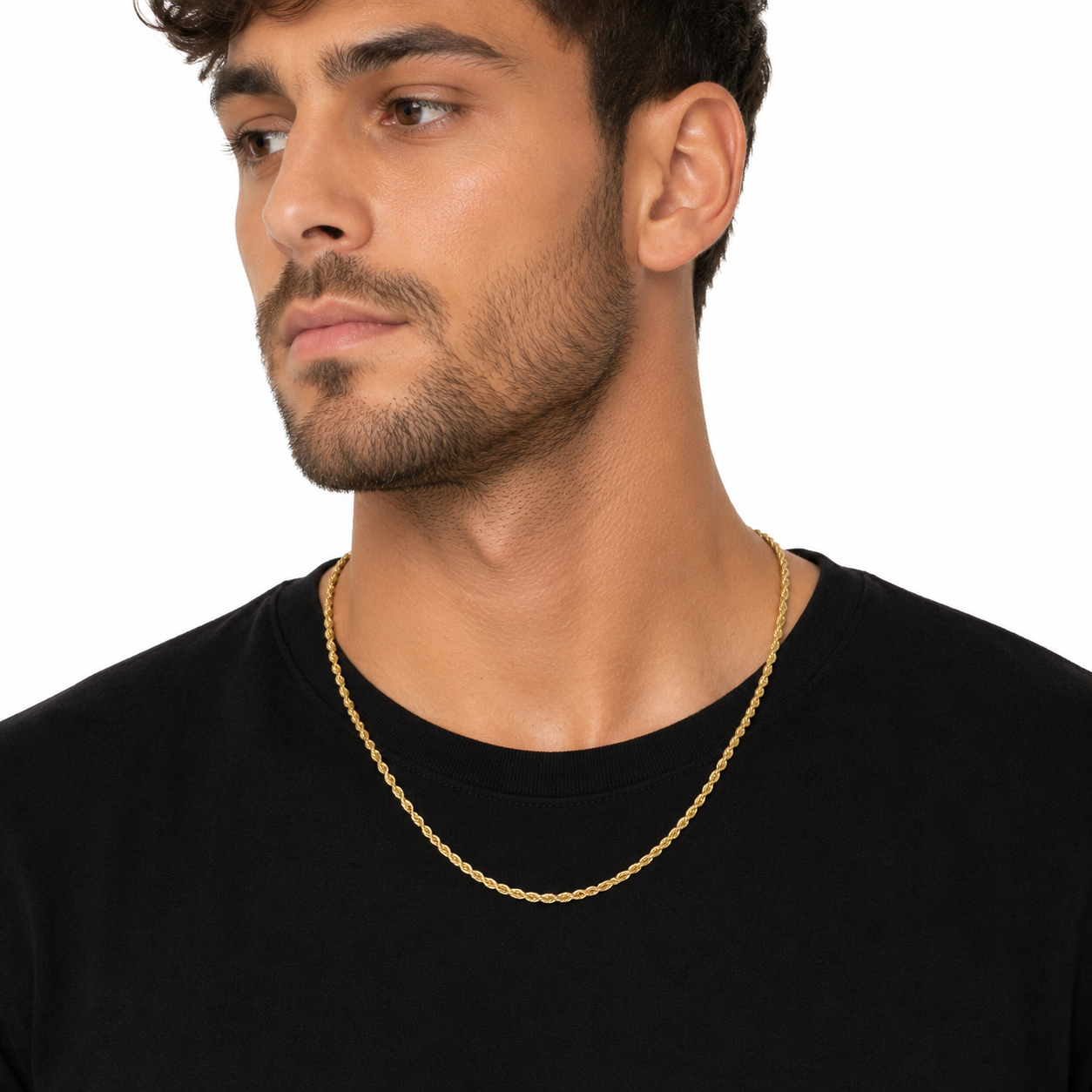 Model Wearing 14K Yellow Gold Hollow Rope Chain Necklace For Everyday Wear.