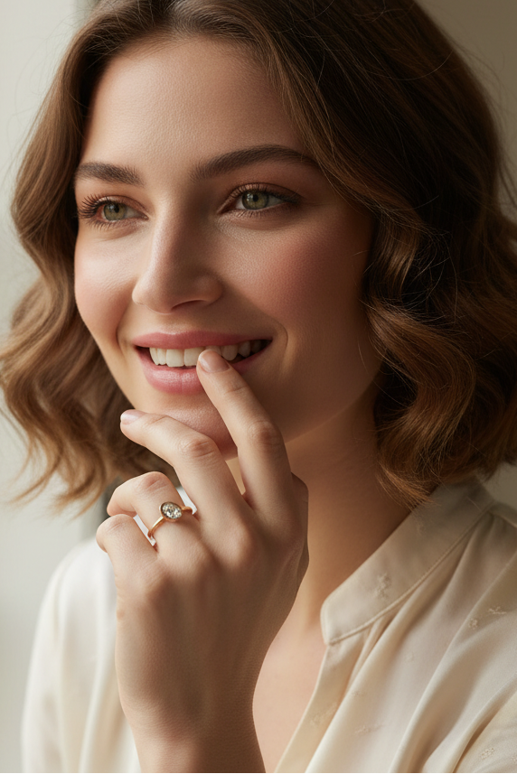 Model wearing yellow gold bezel-set oval engagement ring
