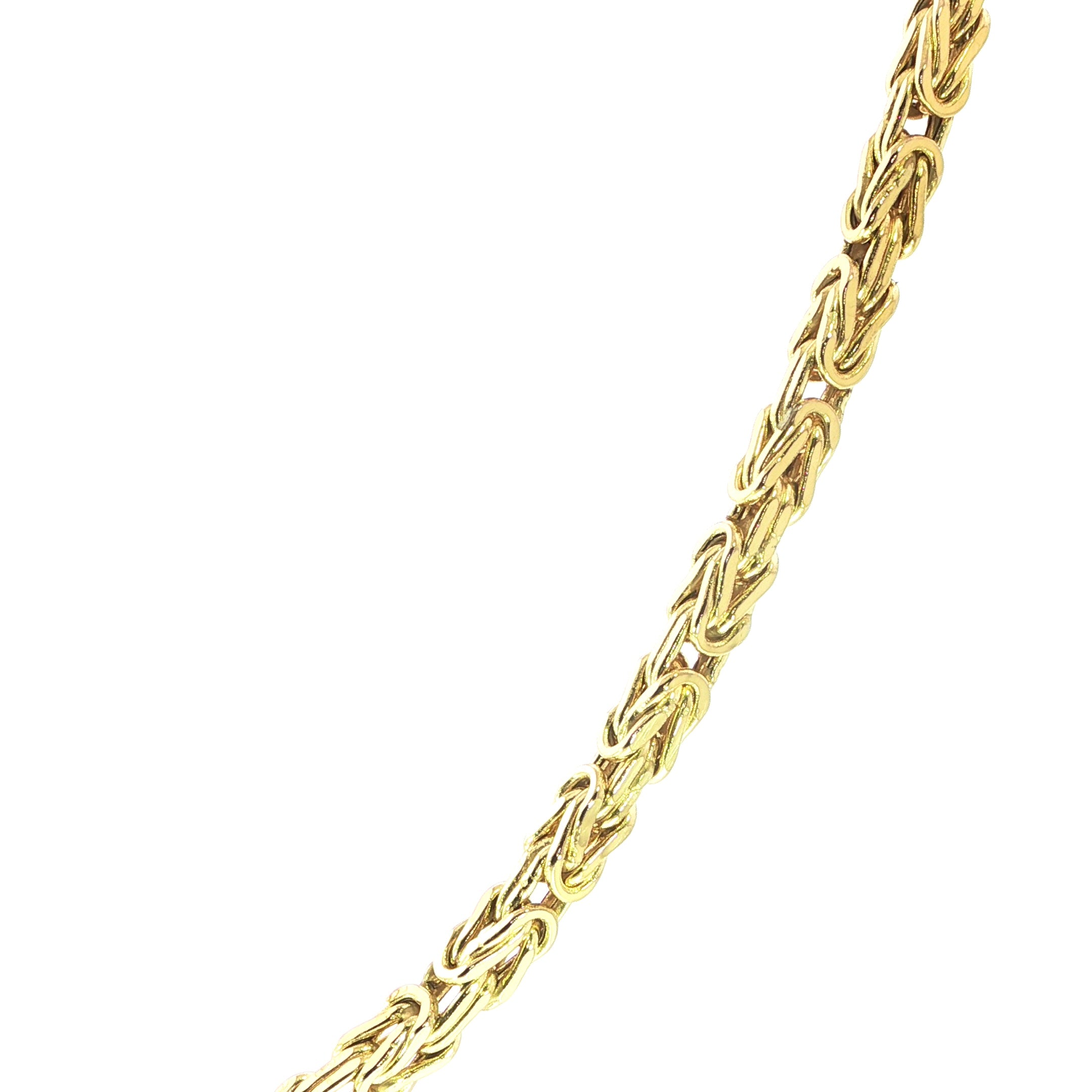 Close-up 10K Yellow Gold Byzantine Link Chain Necklace With Polished Finish.