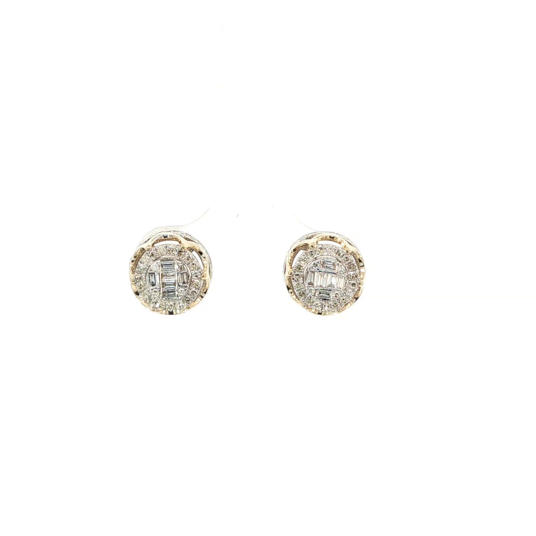 10K yellow gold natural diamond baguette cluster halo stud earrings