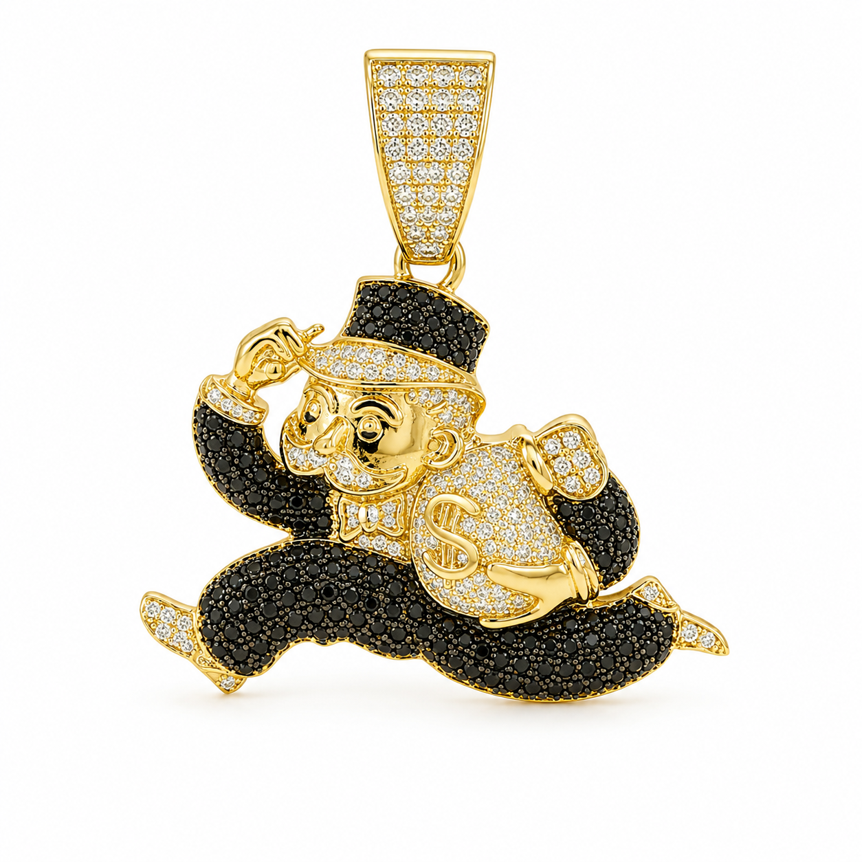 Gold Plated Silver Monopoly Money Character with pave-set Moissanite