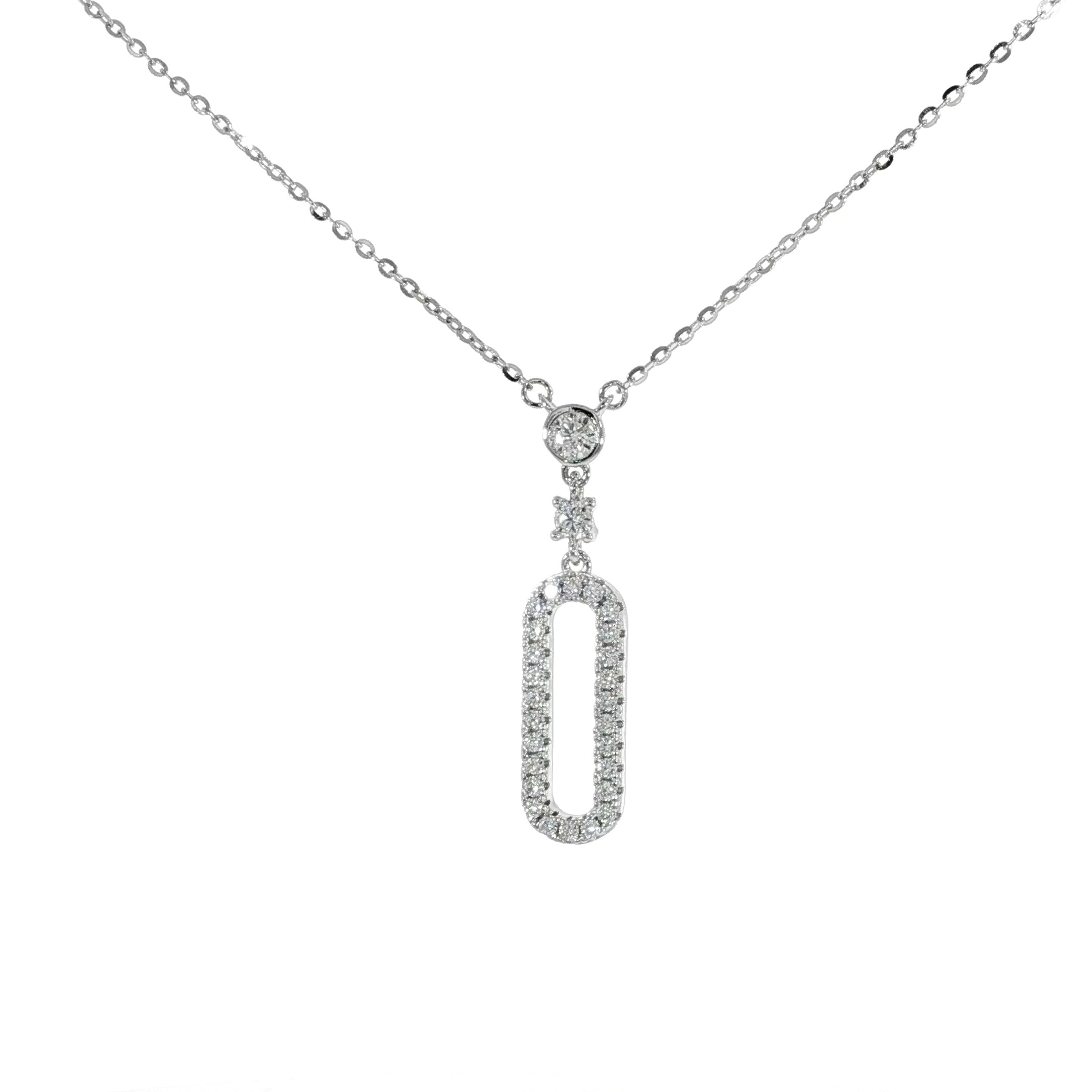 Sterling silver paperclip pendant necklace with VVS moissanite accents.