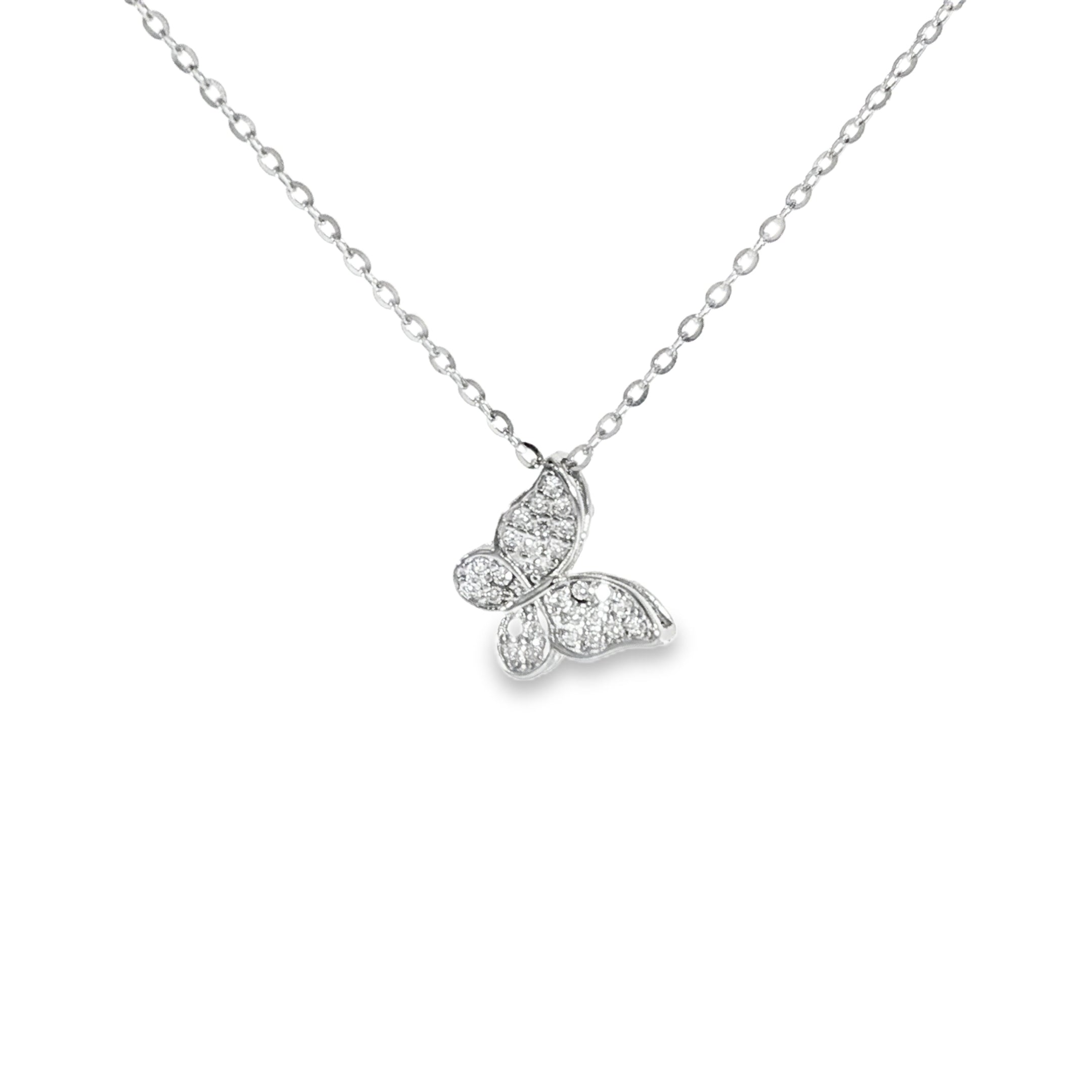 Sterling silver butterfly pendant necklace featuring 0.19 CTW VVS moissanite.