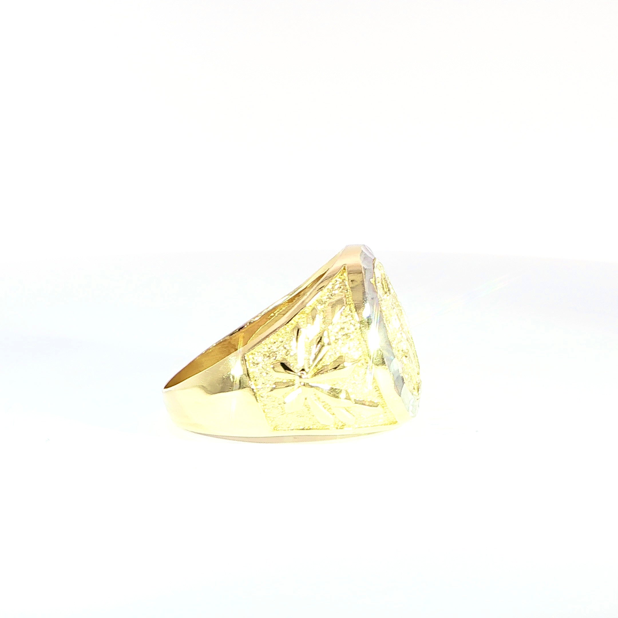 Bold 17MM gold signet ring with detailed artwork side