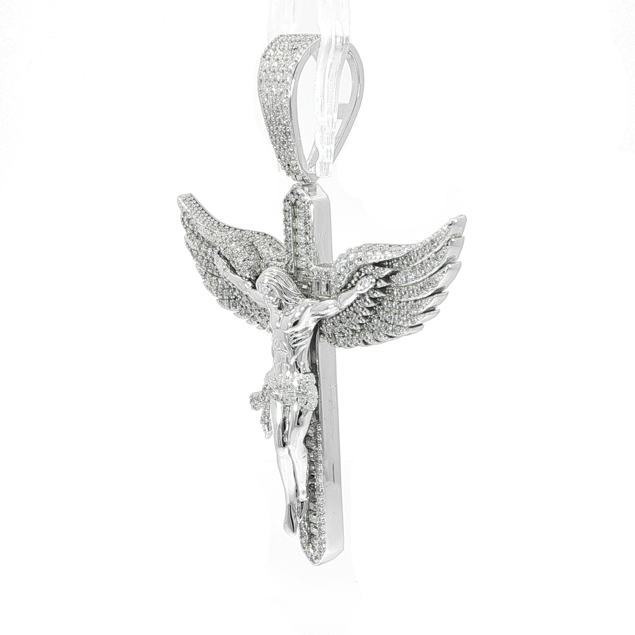 Large sterling silver religious pendant with angel wings and crucifix