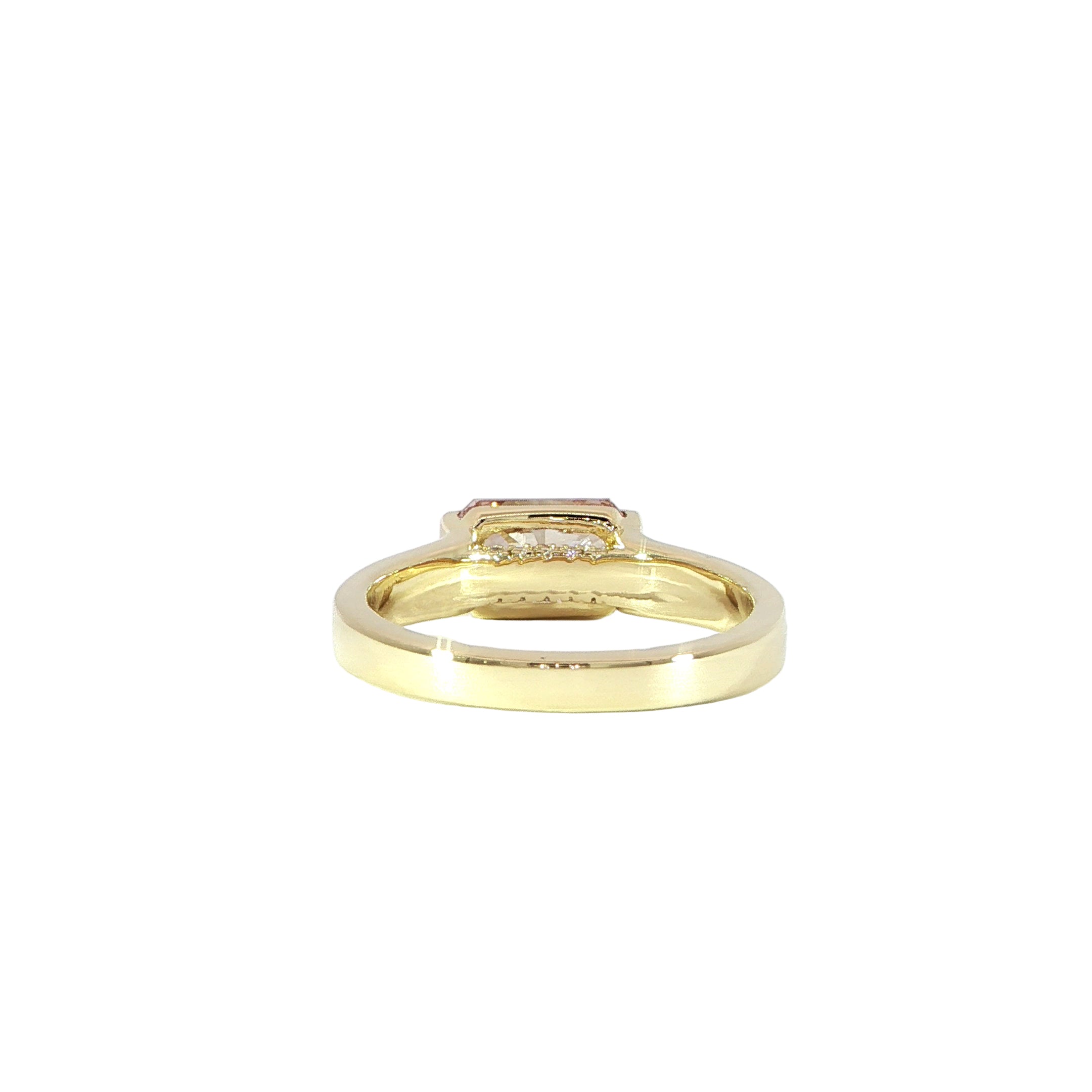 14K yellow gold ring featuring pink radiant lab grown diamond back