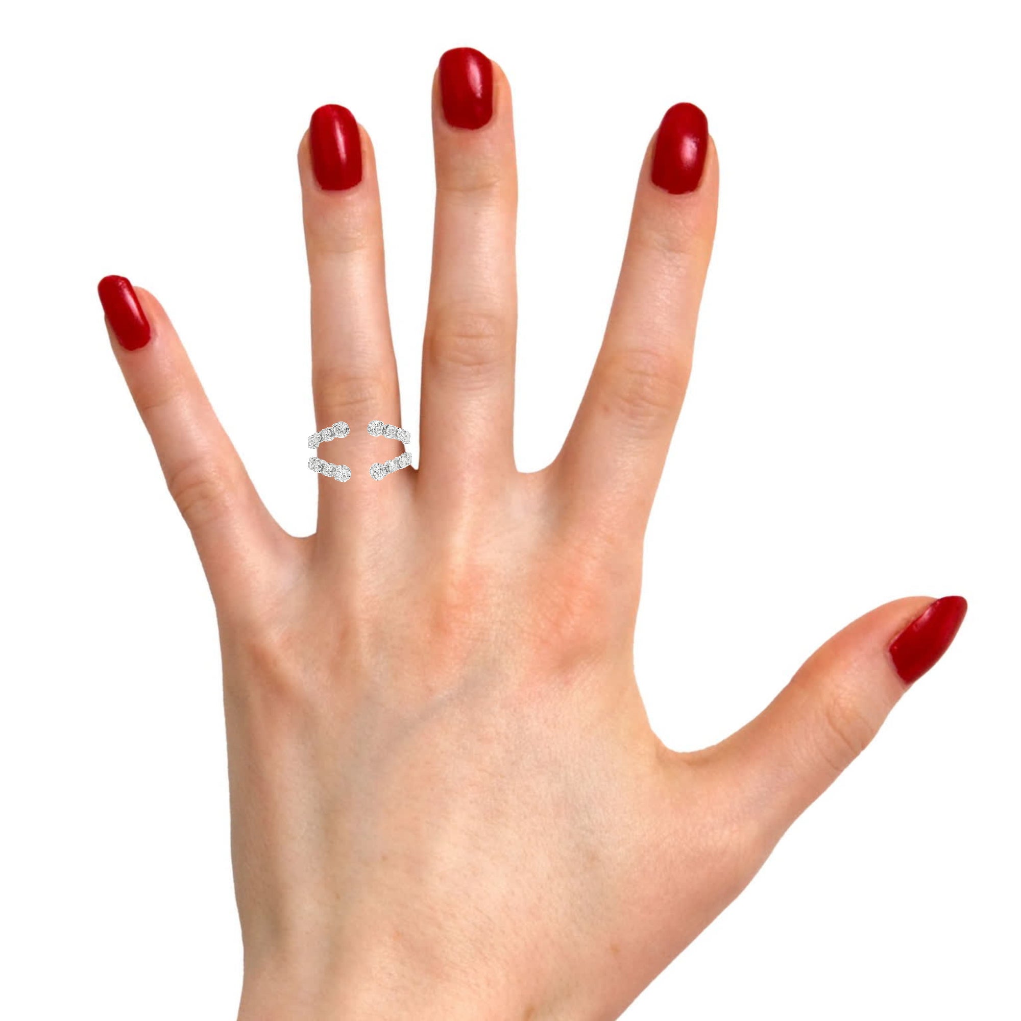 Model wearing modern round diamond ring enhancer in white gold
