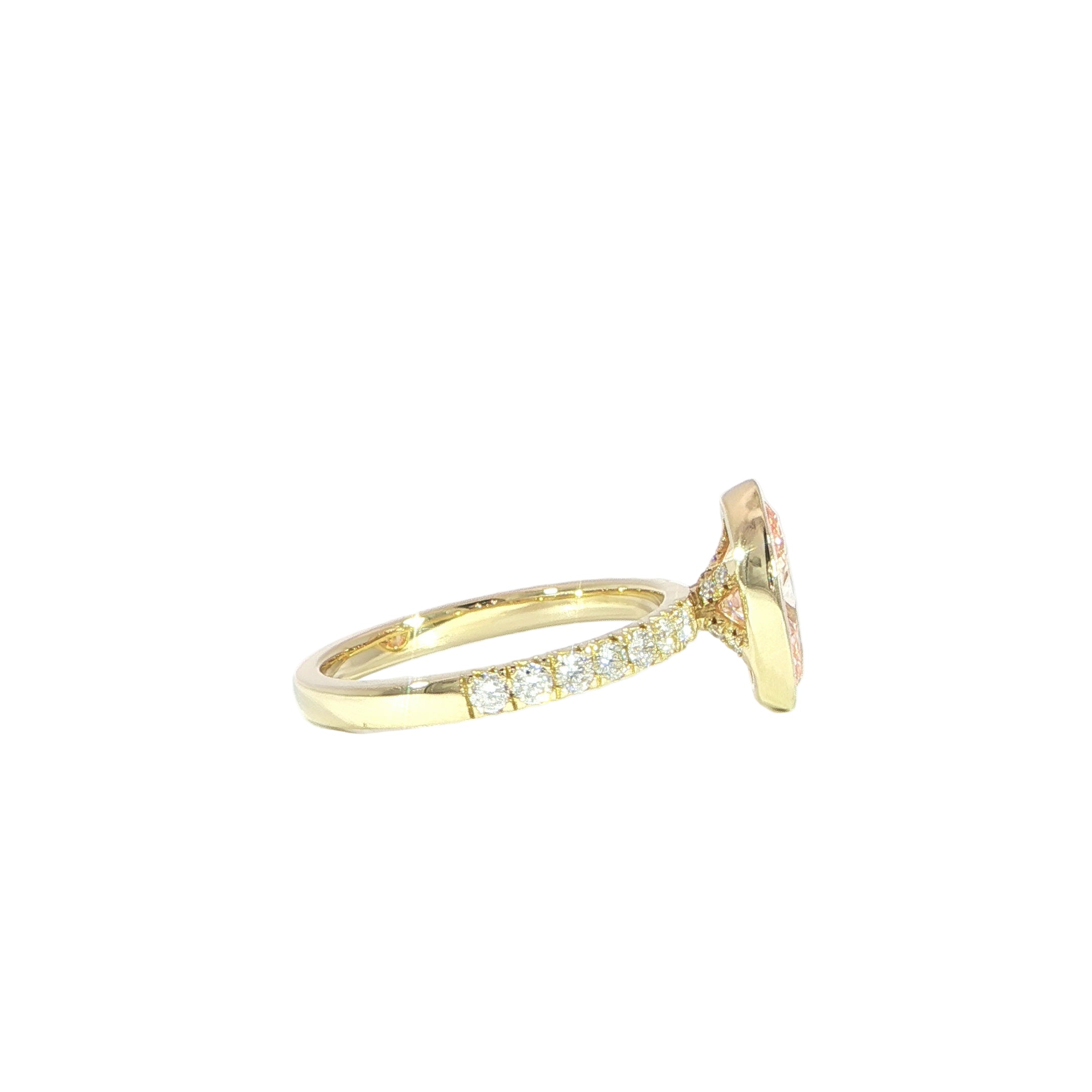 Oval pink lab-grown diamond ring with diamond band