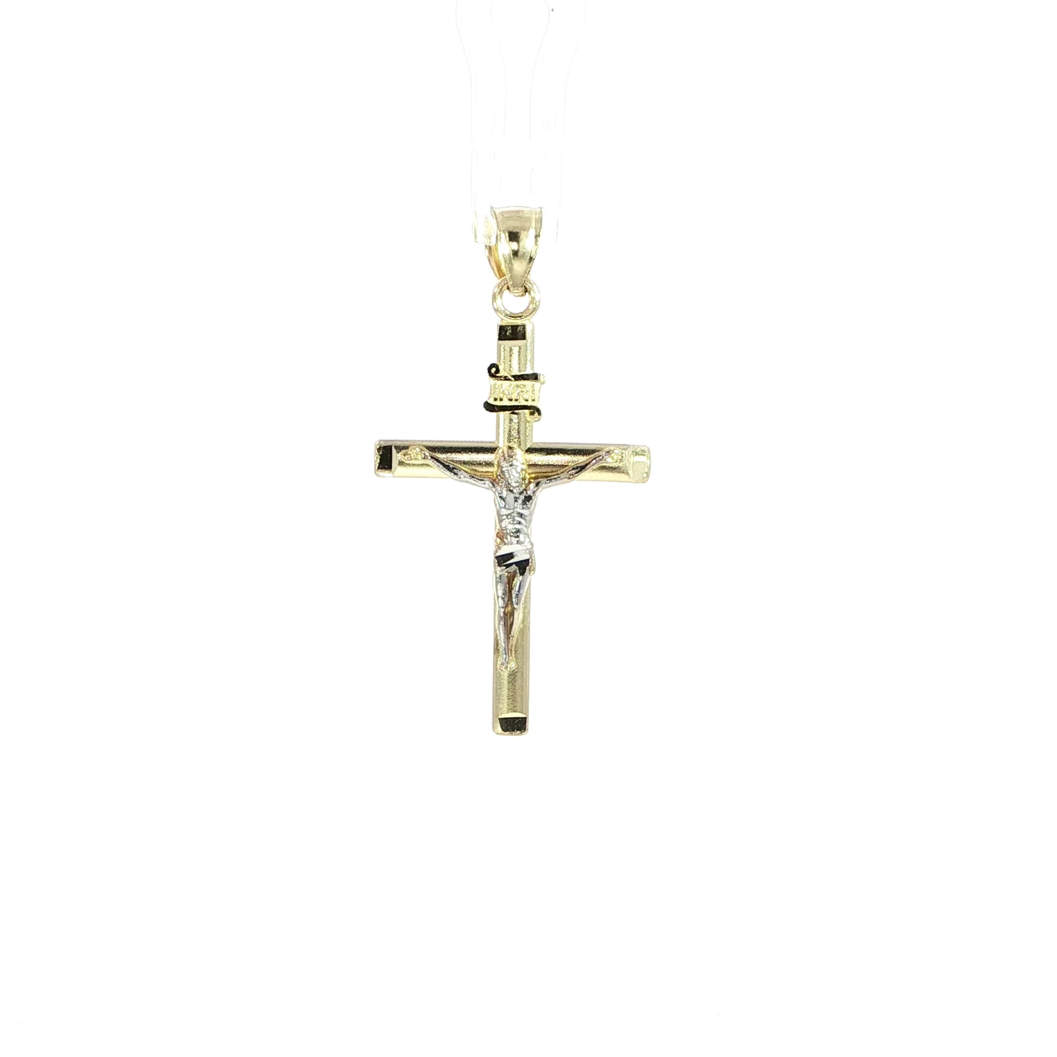 10K yellow gold crucifix pendant with white gold Jesus Christ figure.