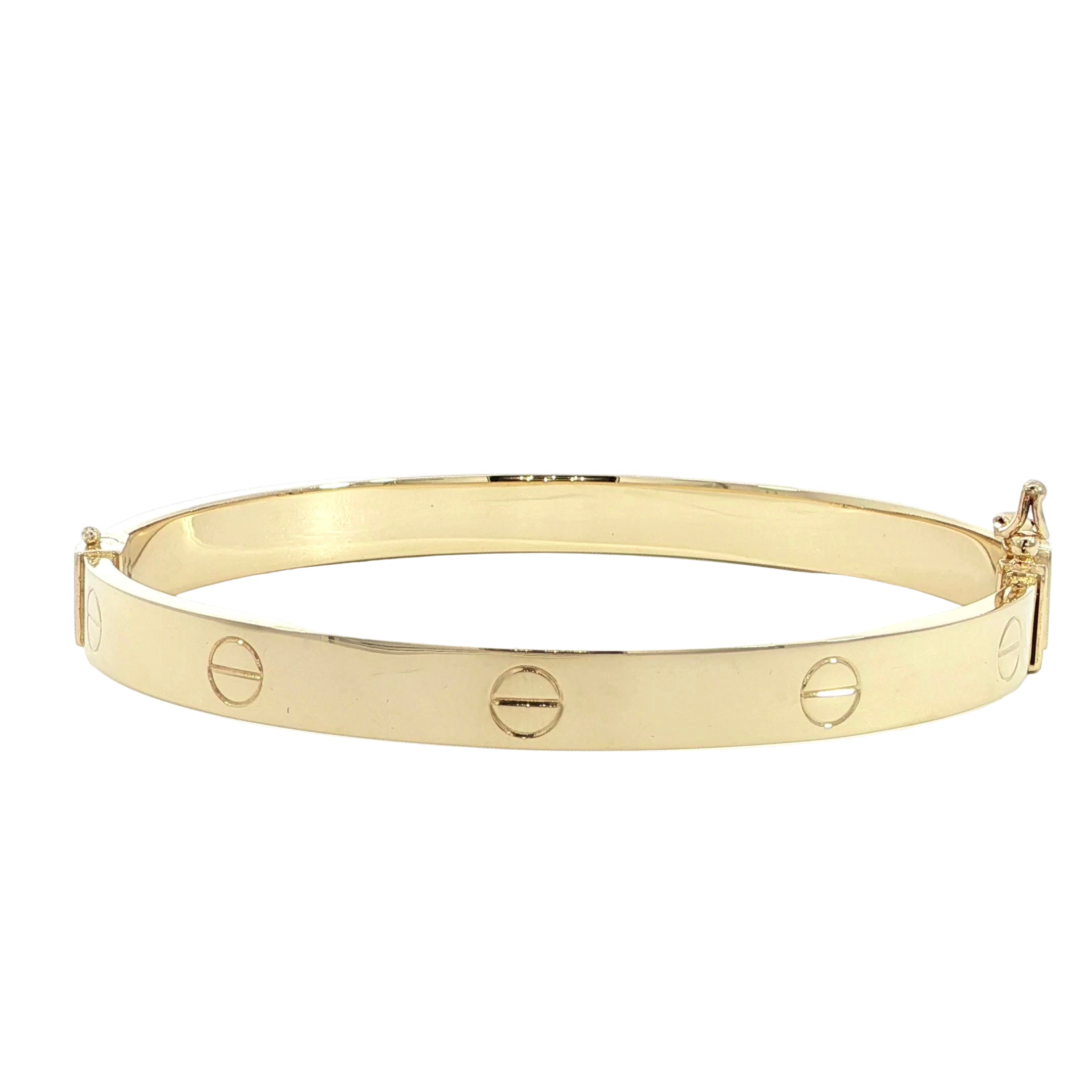 14K gold hinged bangle bracelet featuring screw design
