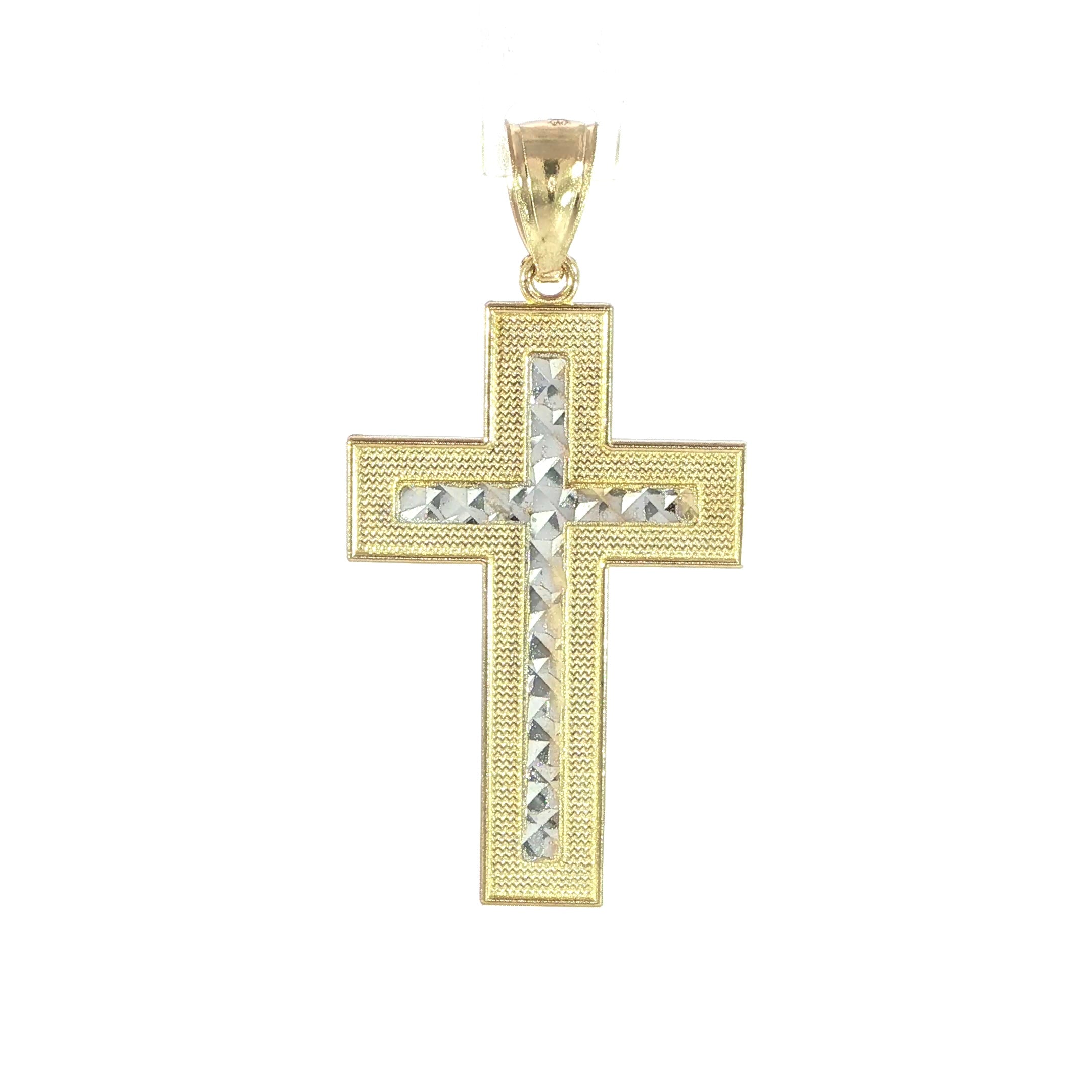 14K Yellow Gold Textured Cross Pendant with Diamond-Cut Center 30MM