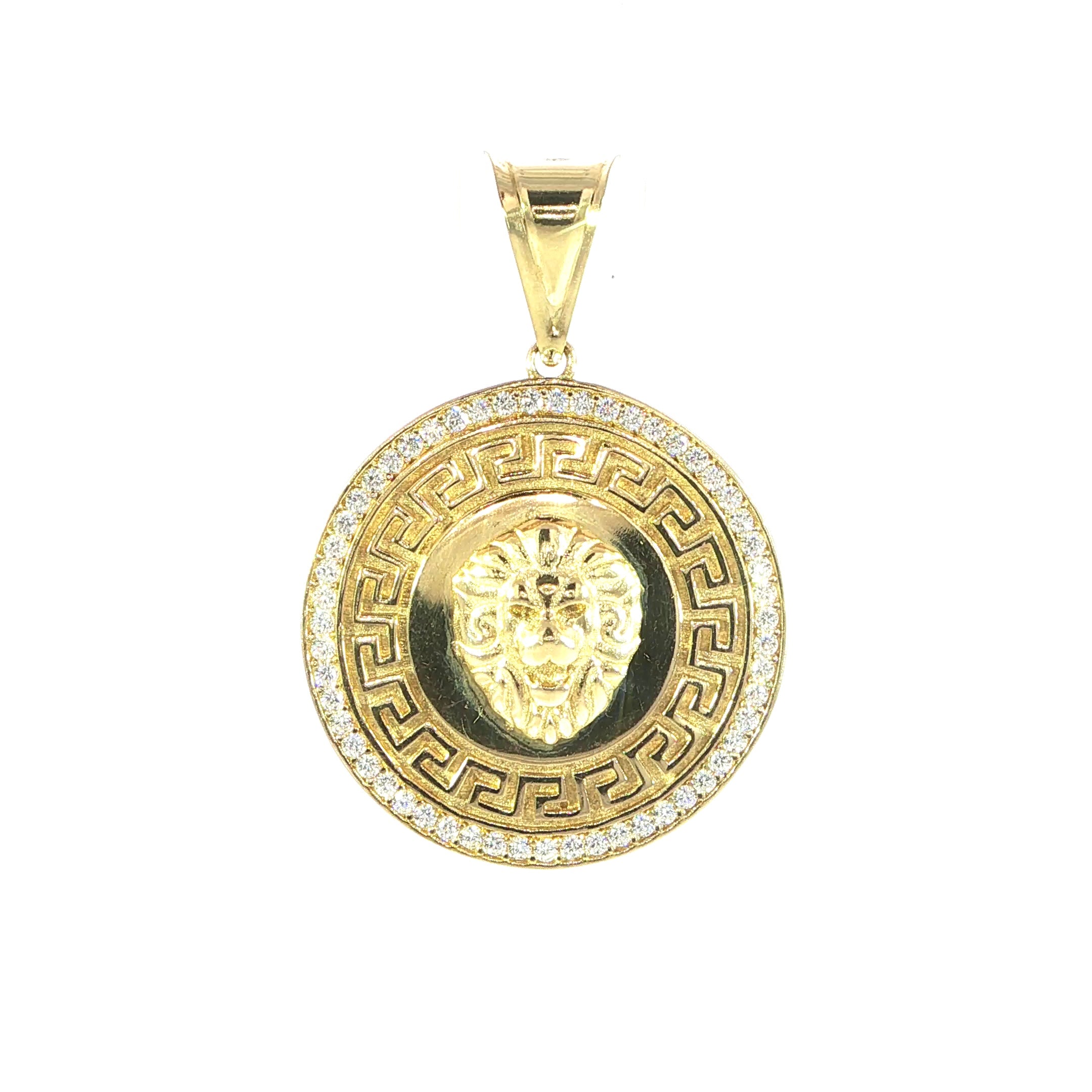 14K Yellow Gold Greek Lion Head Pendant with Cubic Zirconia Border