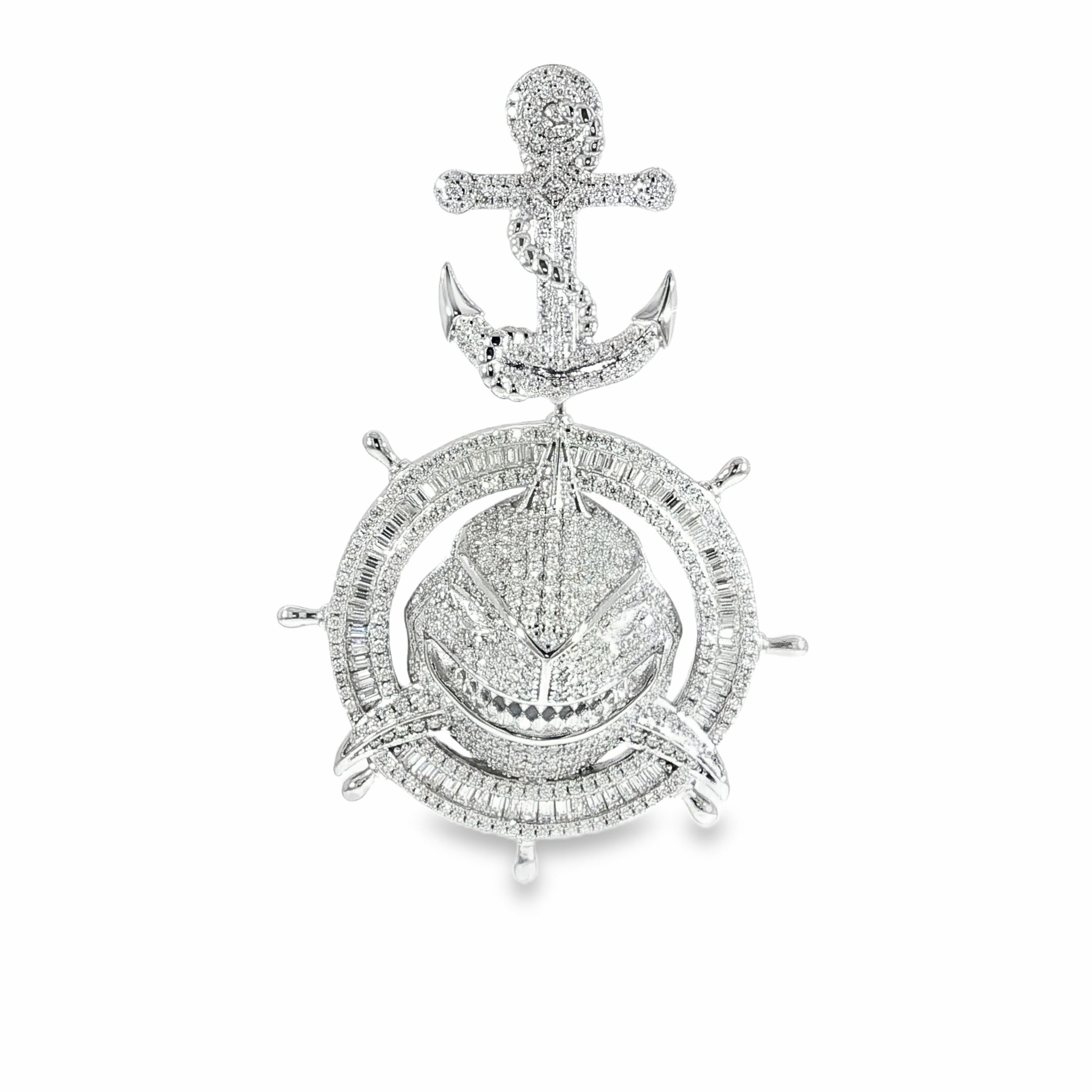 Iced 3-D shark nautical pendant in sterling silver with VVS moissanite.
