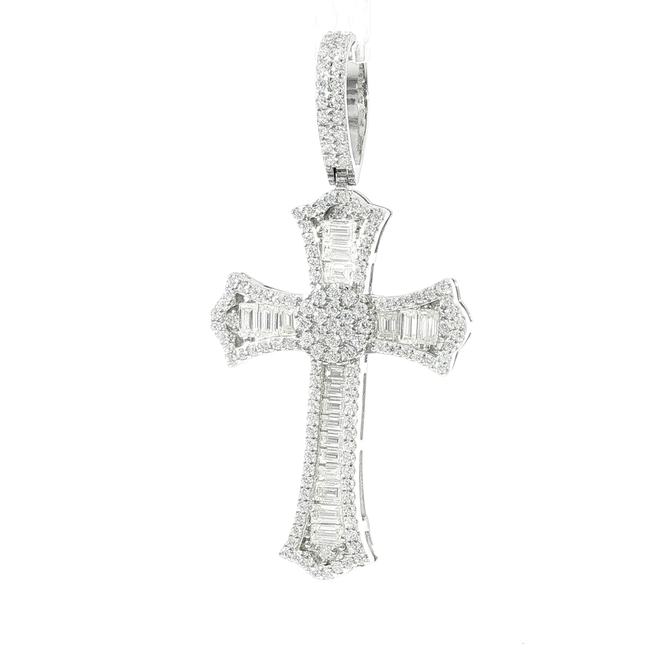 Sterling silver cross pendant with baguette and round VVS moissanite stones.