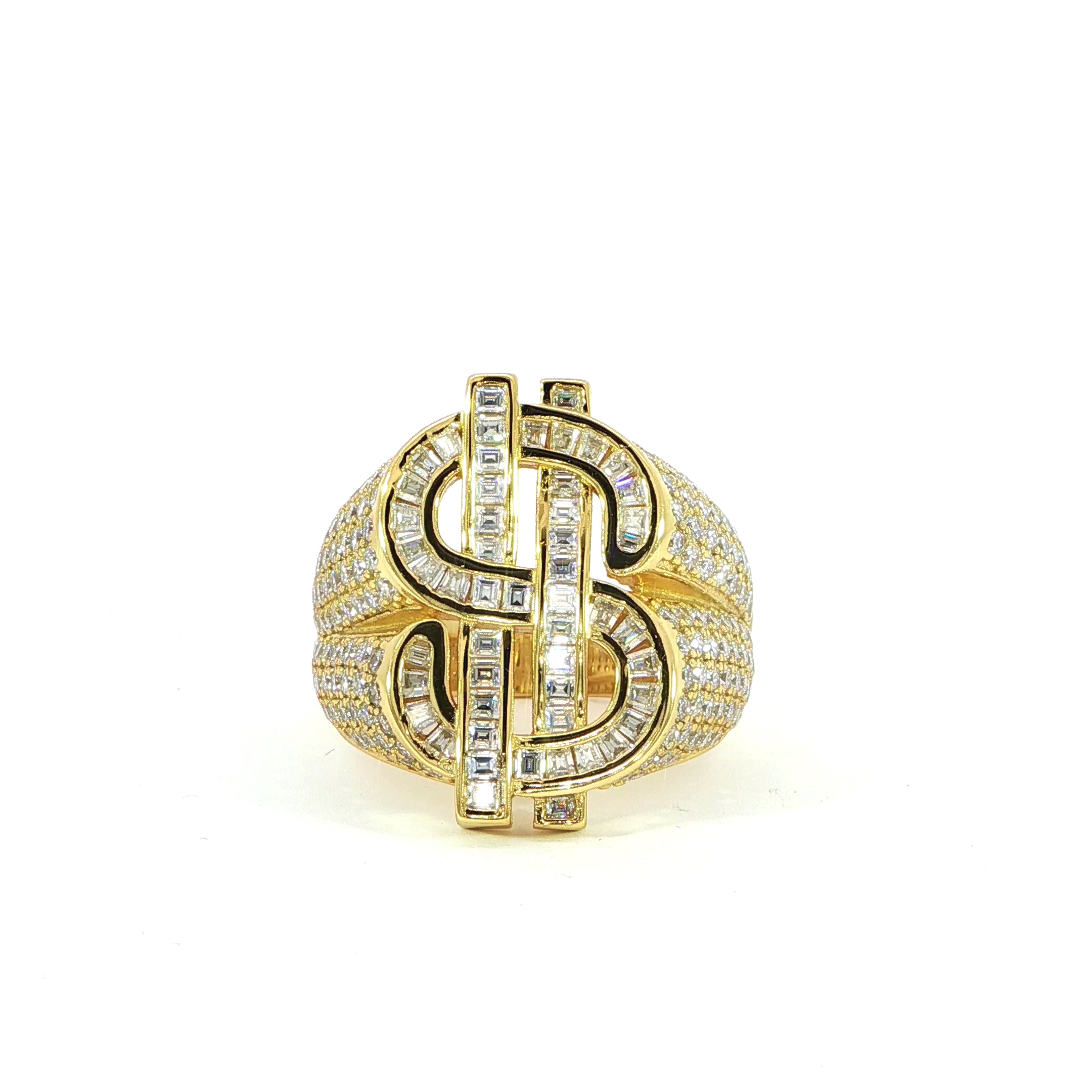 Front sterling silver money sign ring featuring sparkling moissanite stones