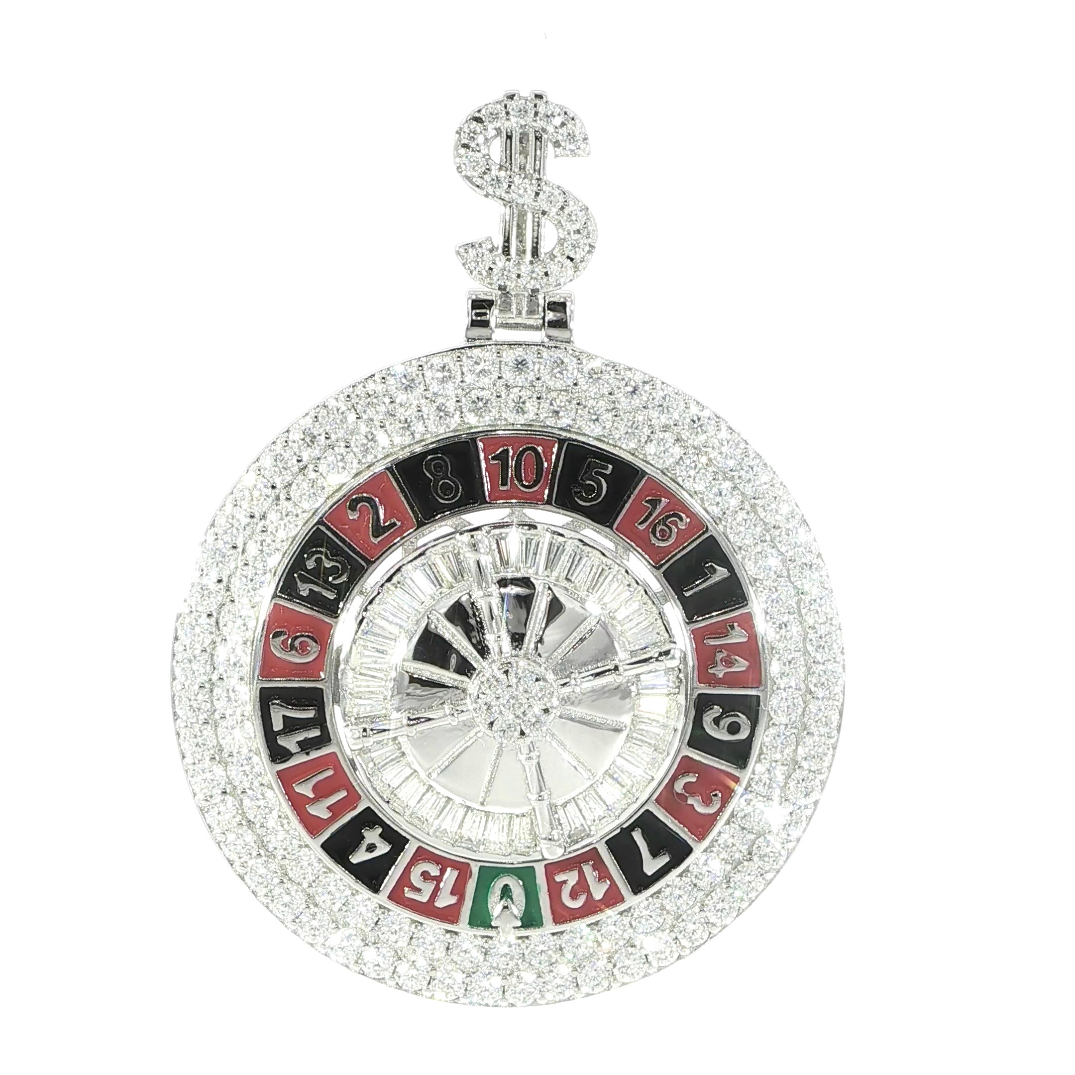 Front view of 925 Sterling Silver VVS Moissanite Spinnable Roulette Wheel Pendant 5.34 CTW