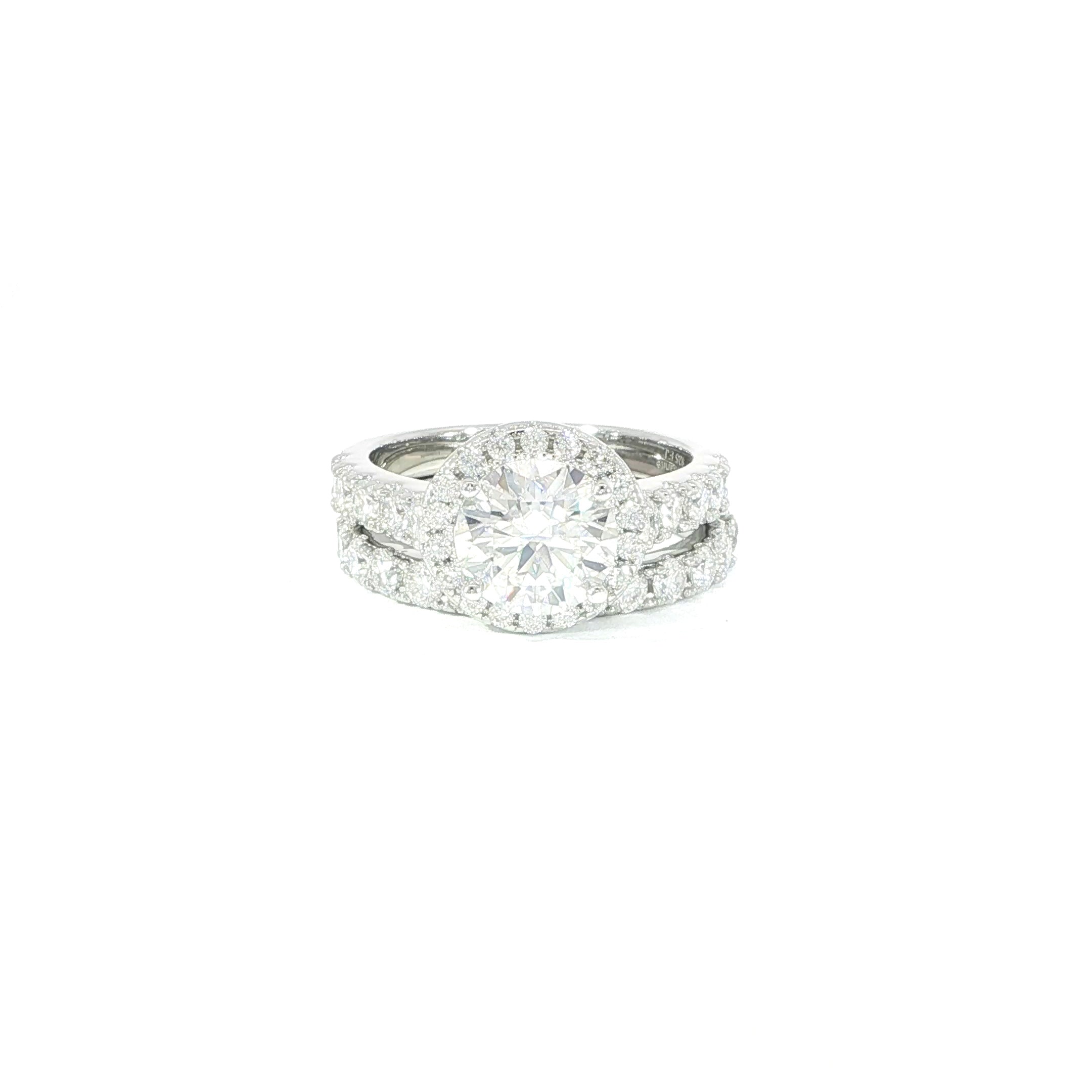 925 sterling silver round halo moissanite engagement ring with matching band