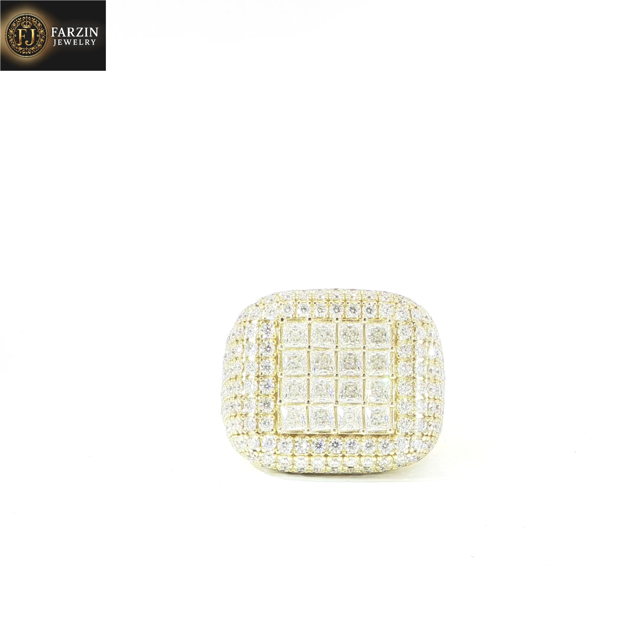Gold plated sterling silver square pave ring with VVS moissanite stones