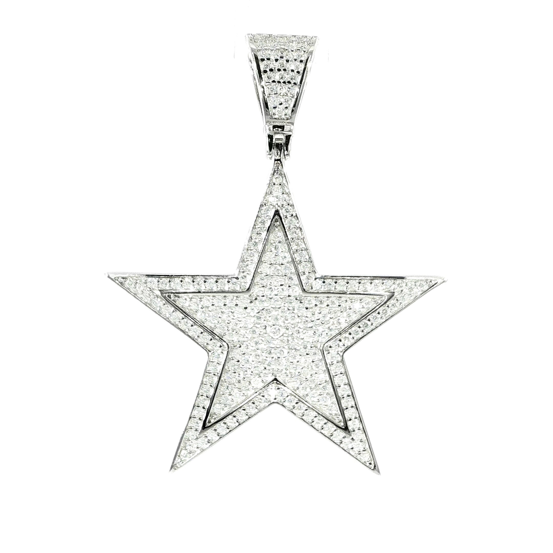 Sterling silver iced out 5 point star pendant with VVS moissanite.