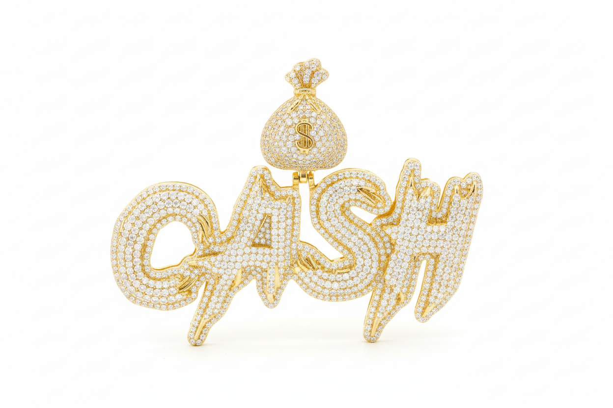 Statement CASH lettering pendant crafted in gold plated sterling silver.
