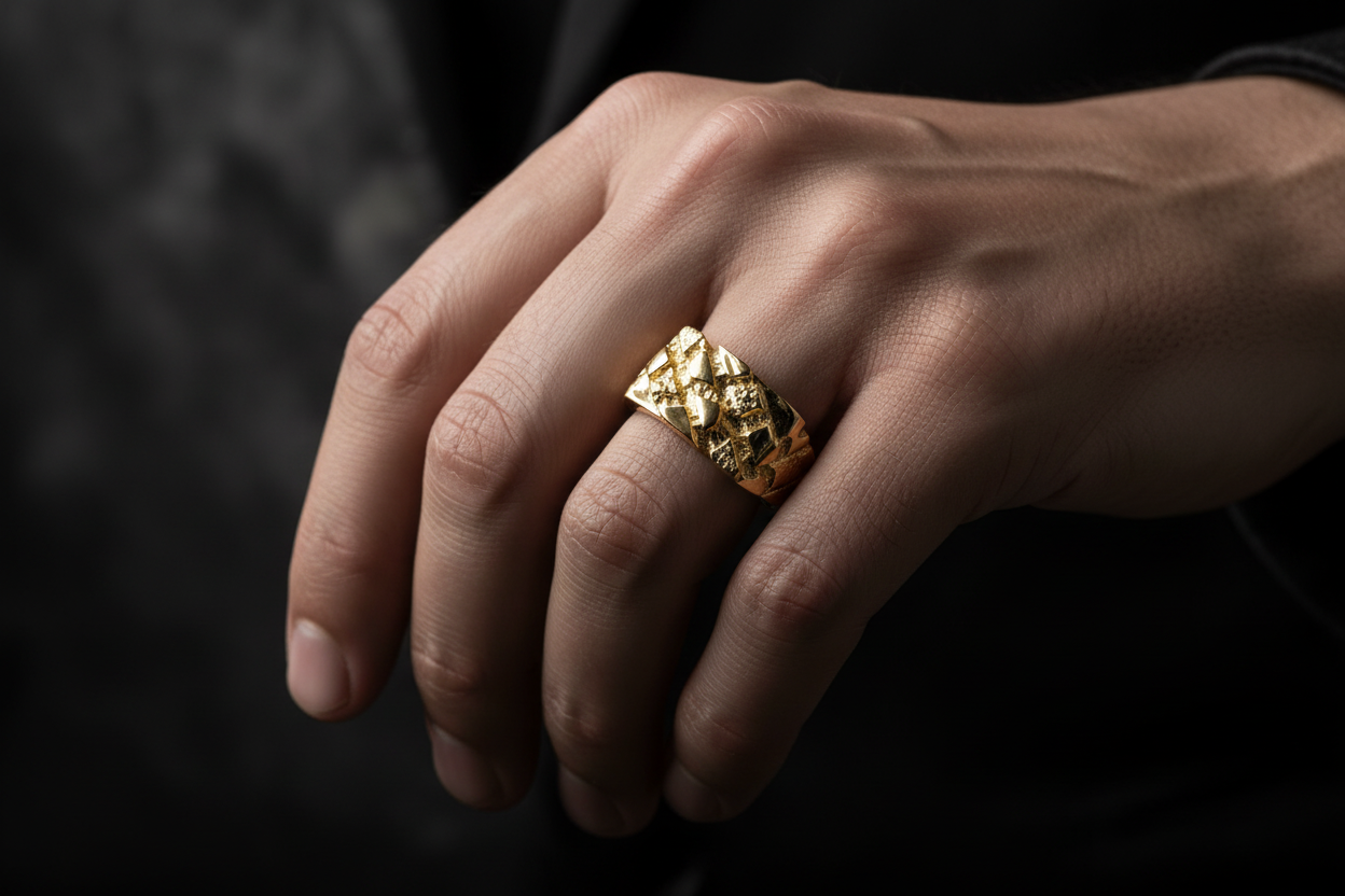 gold nugget ring mens 10mm hand model