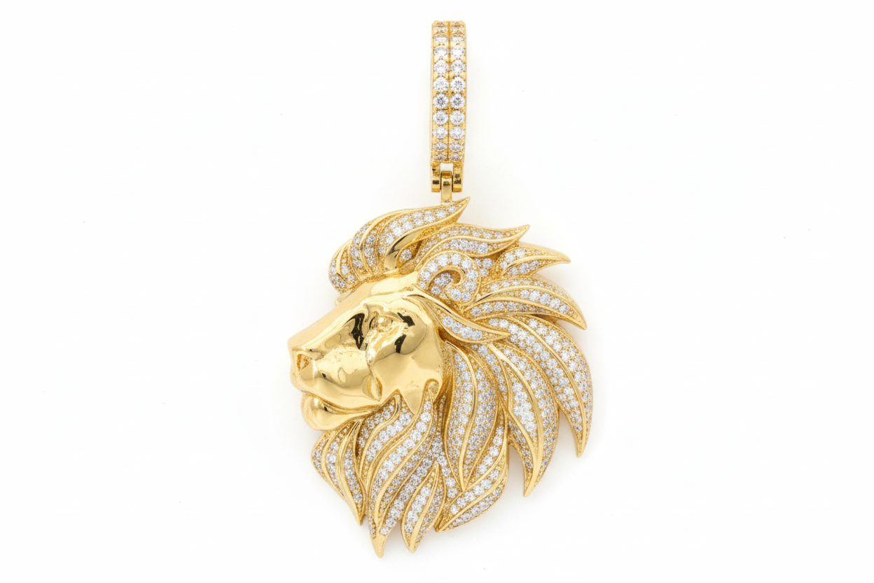 Gold plated silver luxury lion pendant with pavé VVS moissanite accents