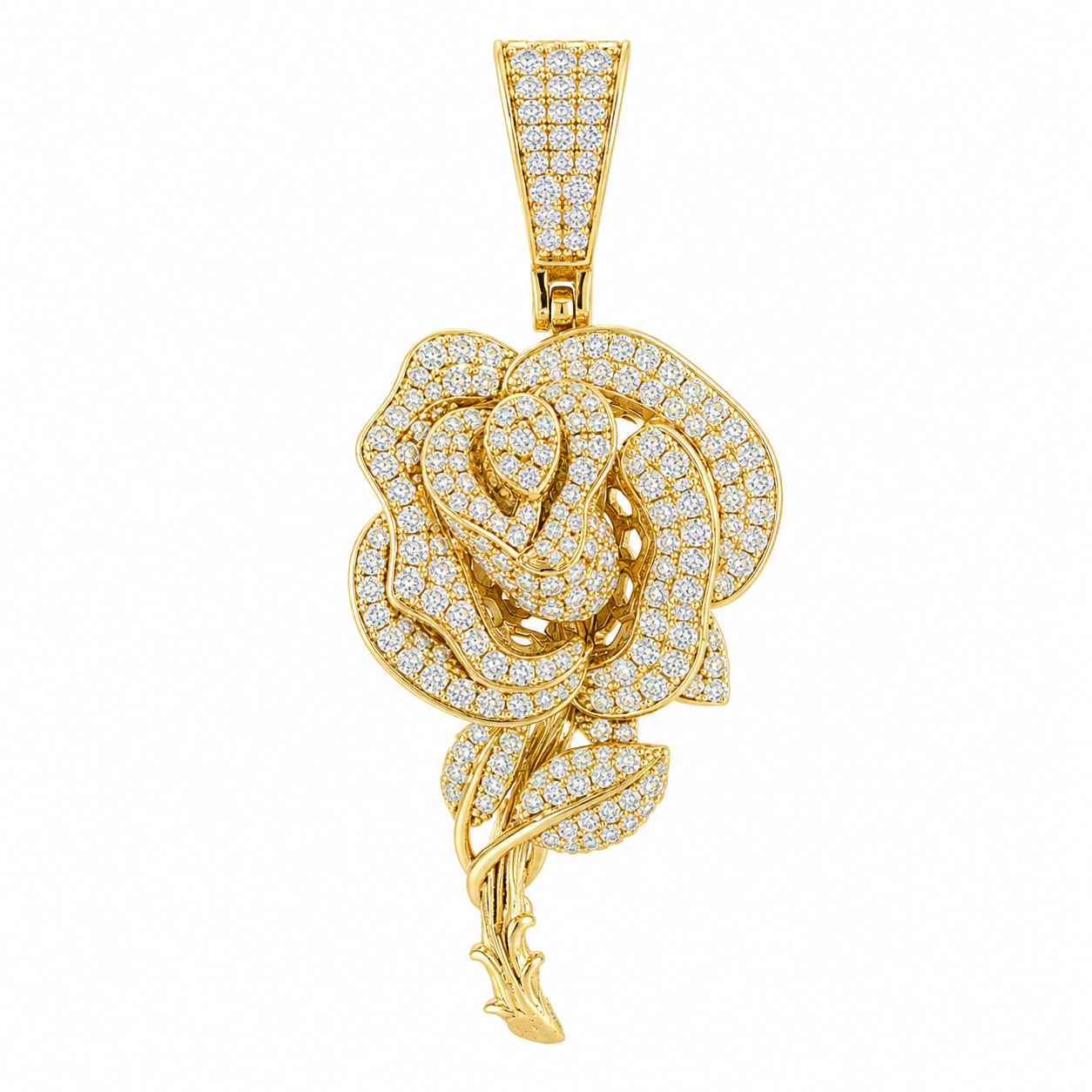Gold Plated Silver Iced Out Blooming Rose Pendant