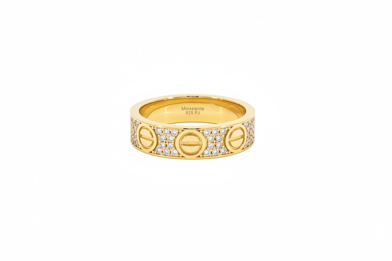 Close-up of sterling silver screw motif eternity band with moissanite