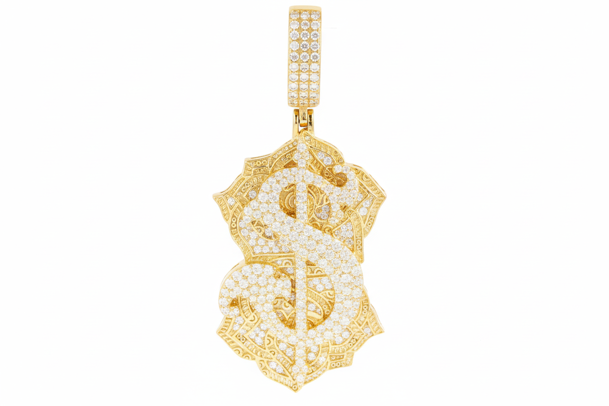 Sterling silver wealth symbol pendant with brilliant moissanite.
