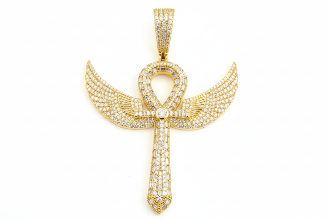 Large iced Ankh cross pendant with symbolic wing design.